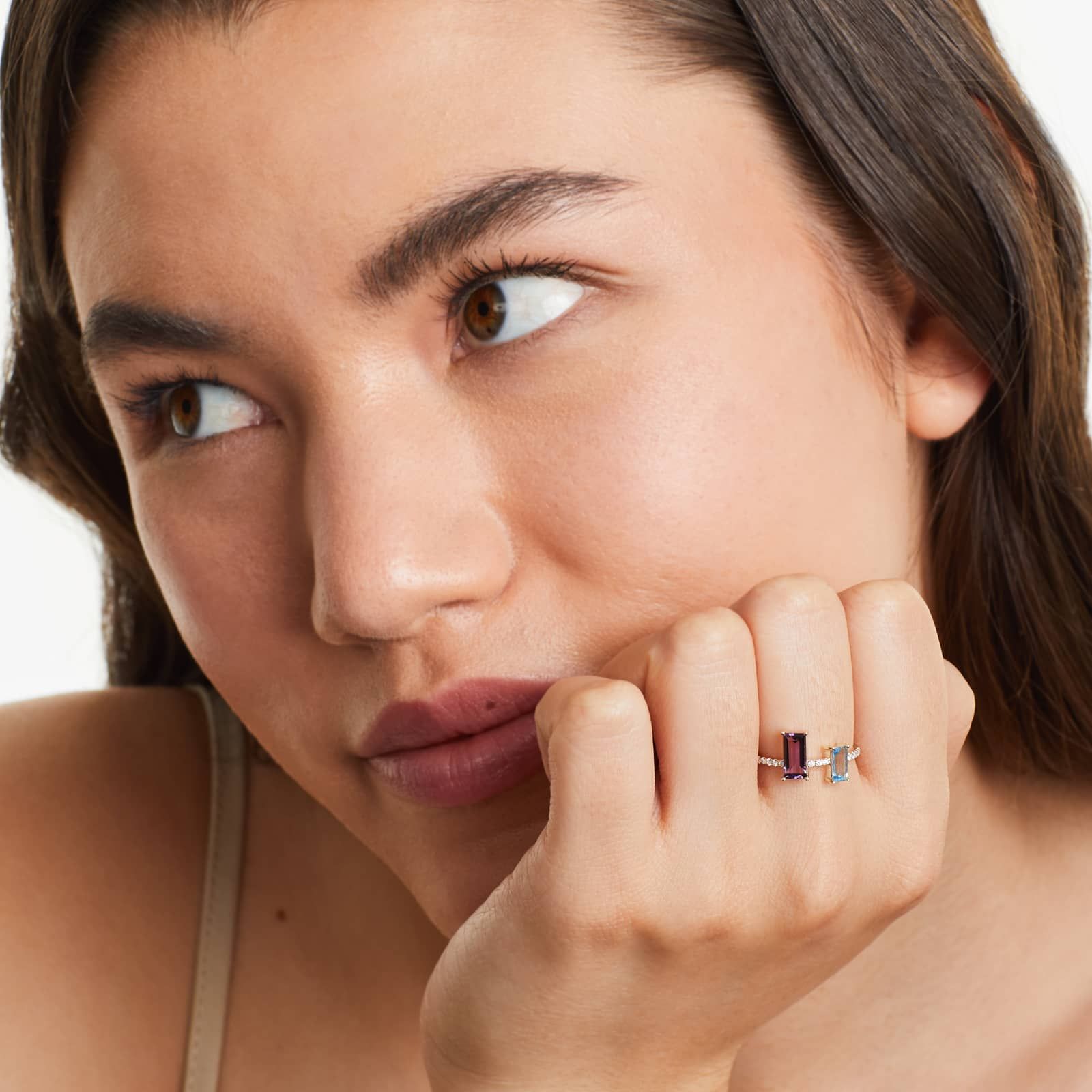 Amethyst And Blue Topaz Duo Ring In 14K Yellow Gold by Brevani