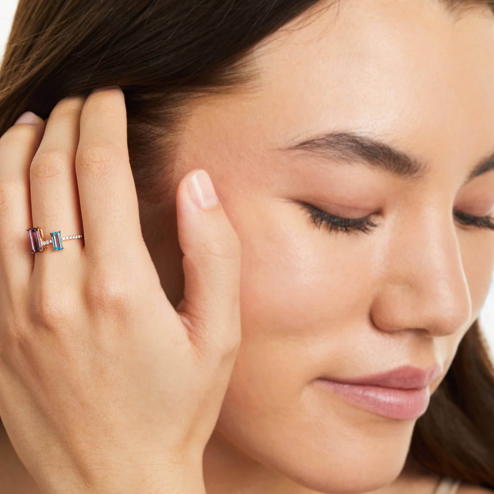 Amethyst And Blue Topaz Duo Ring In 14K Yellow Gold by Brevani