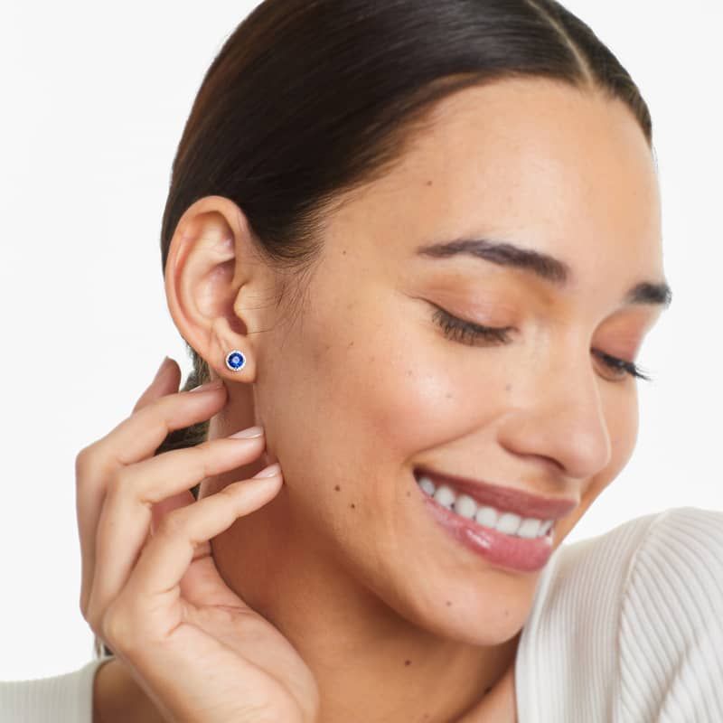 Round Sapphire And Diamond Halo Earrings In 18K White Gold