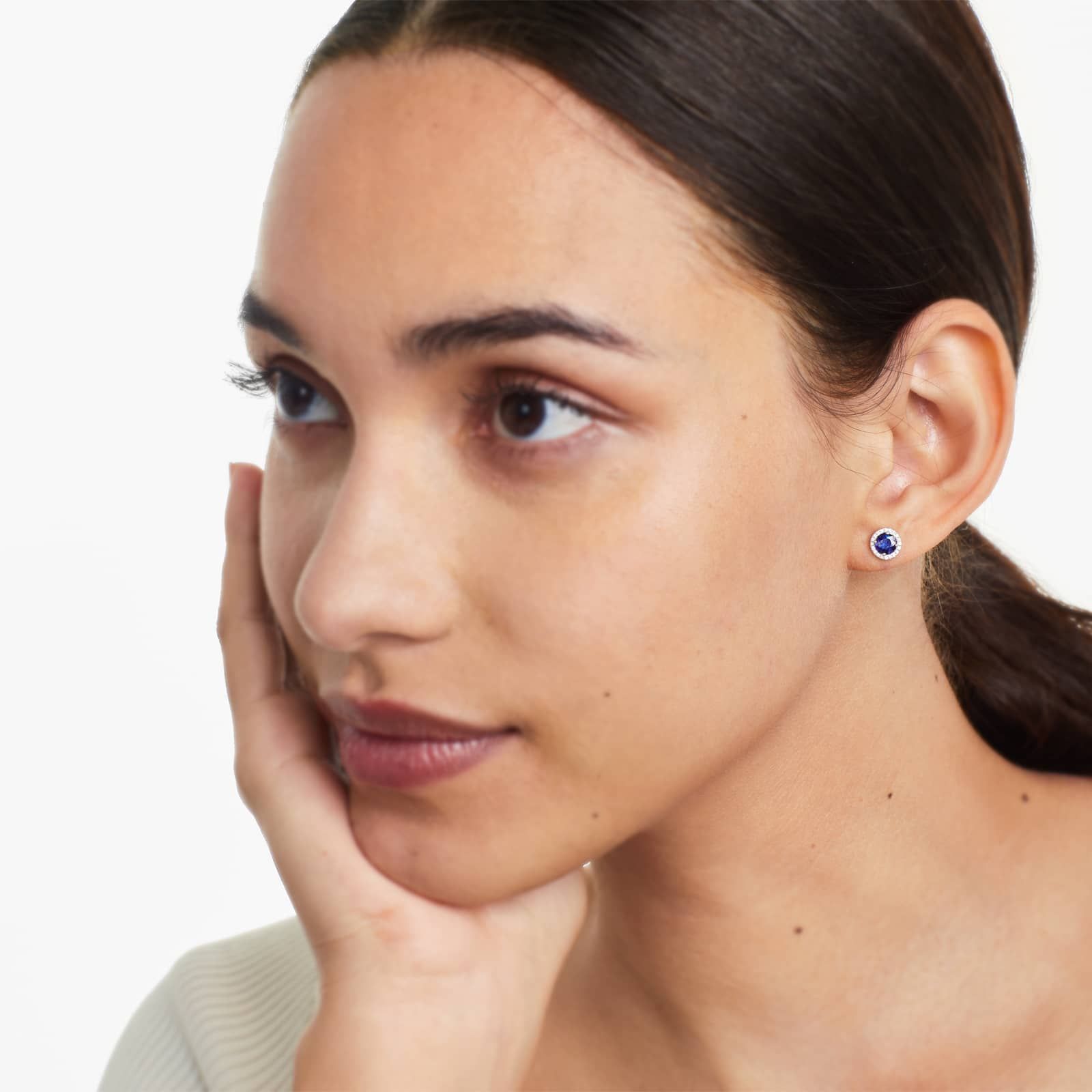 Round Sapphire And Diamond Halo Earrings In 18K White Gold