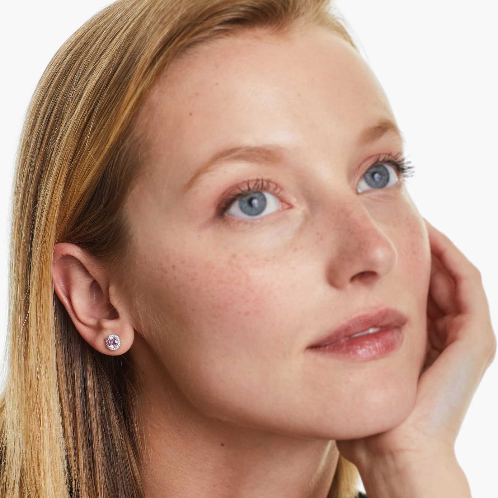 Round Pink Sapphire And Diamond Halo Earrings In 18K White Gold