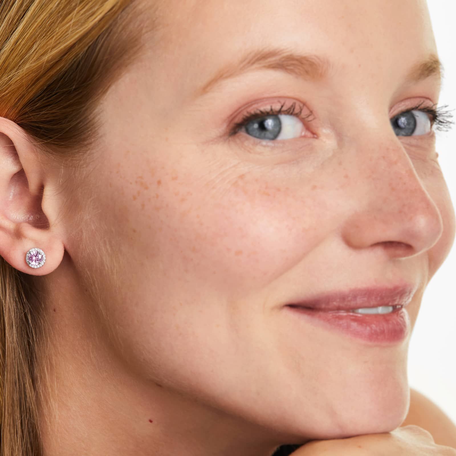 Round Pink Sapphire And Diamond Halo Earrings In 18K White Gold