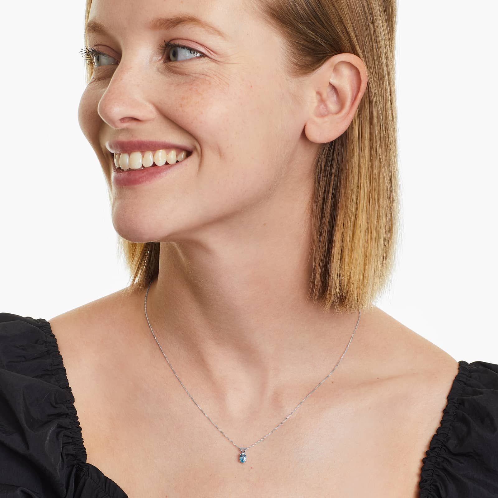 14K White Gold Oval Blue Topaz Birthstone Necklace