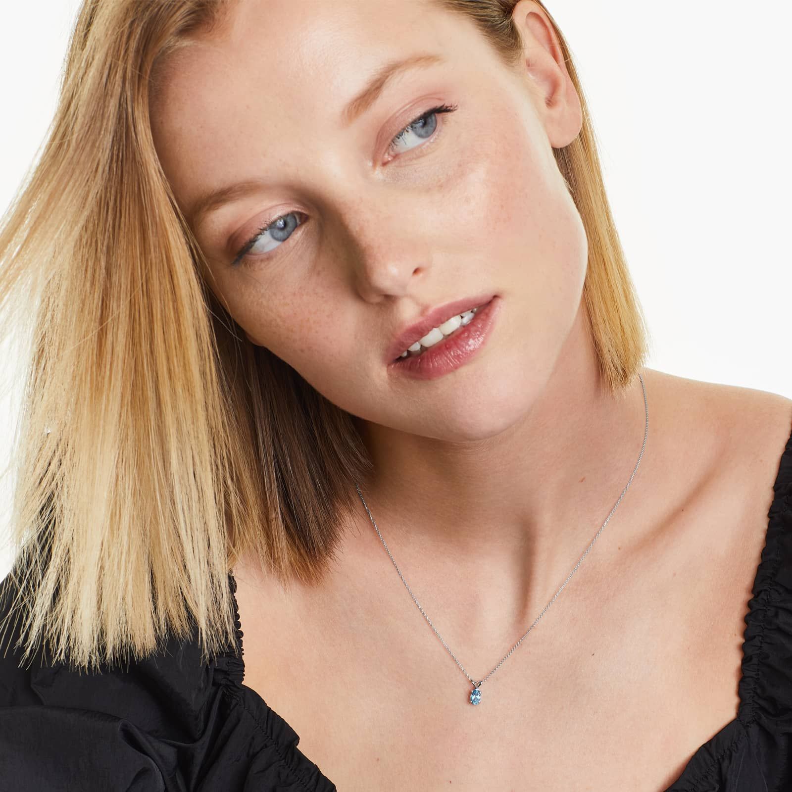 14K White Gold Oval Blue Topaz Birthstone Necklace