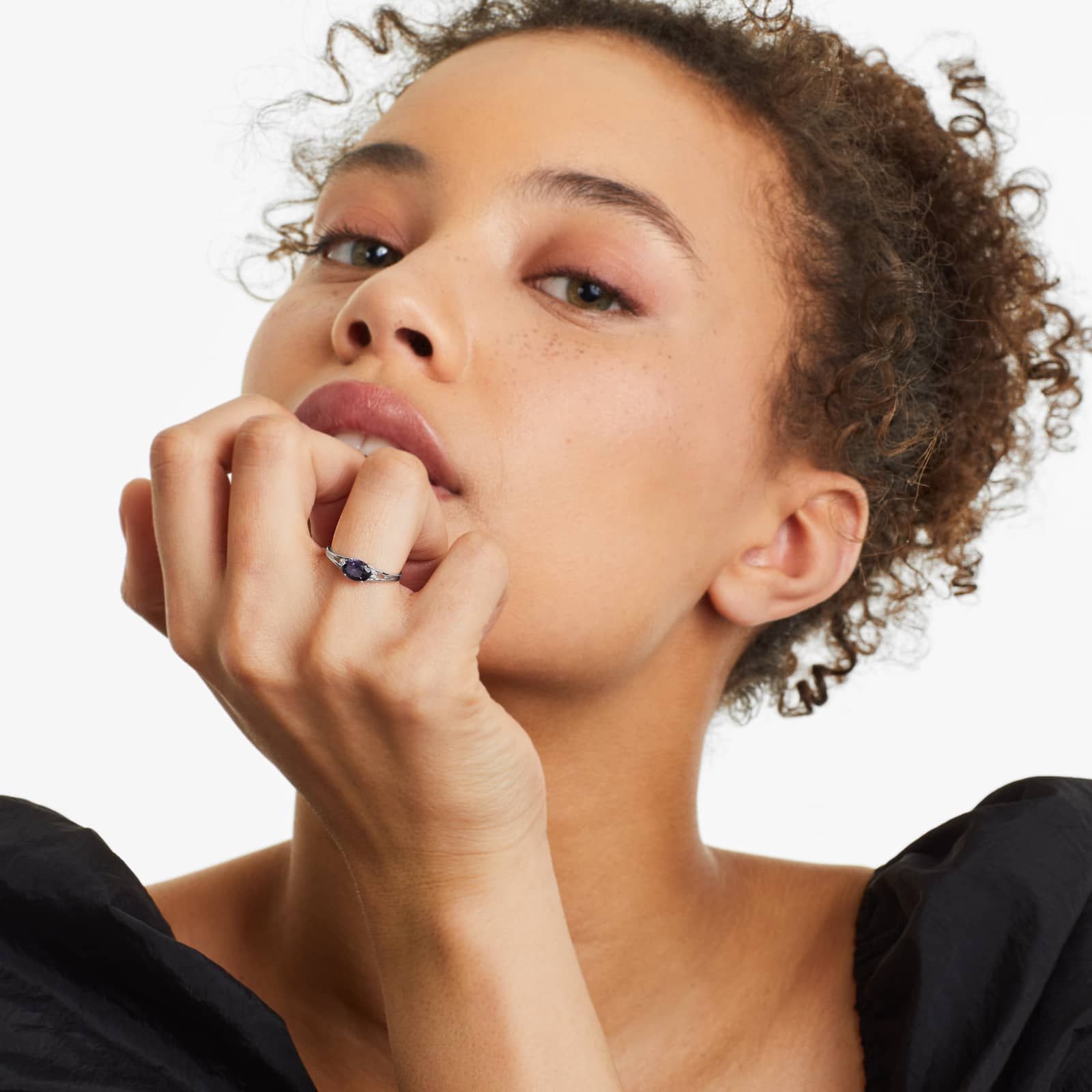 Oval Amethyst And Diamond Accent Birthstone Ring In 14K White Gold