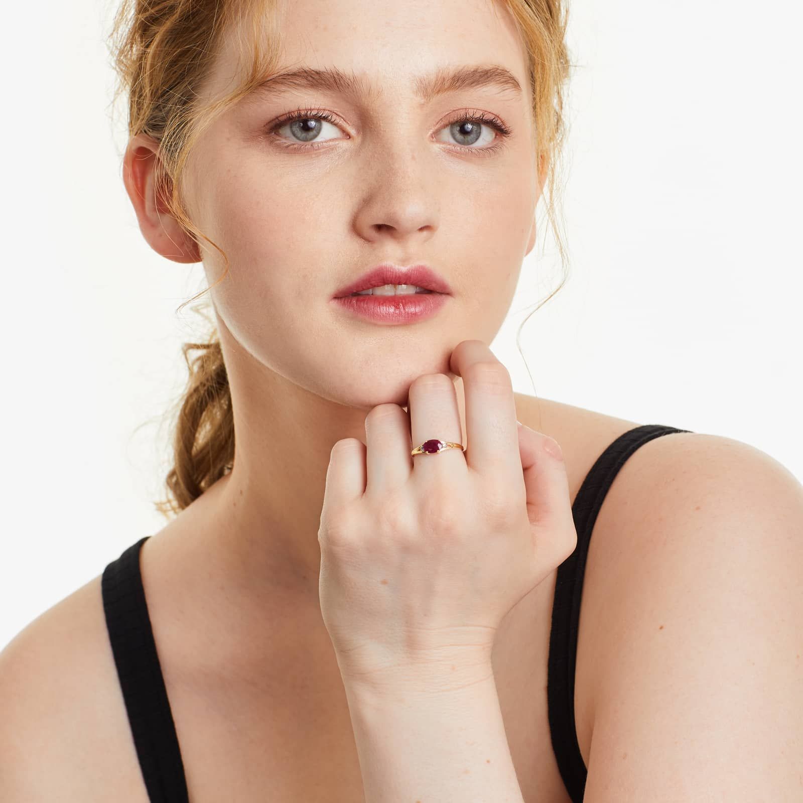 Oval Ruby And Diamond Accent Birthstone Ring In 14K Yellow Gold