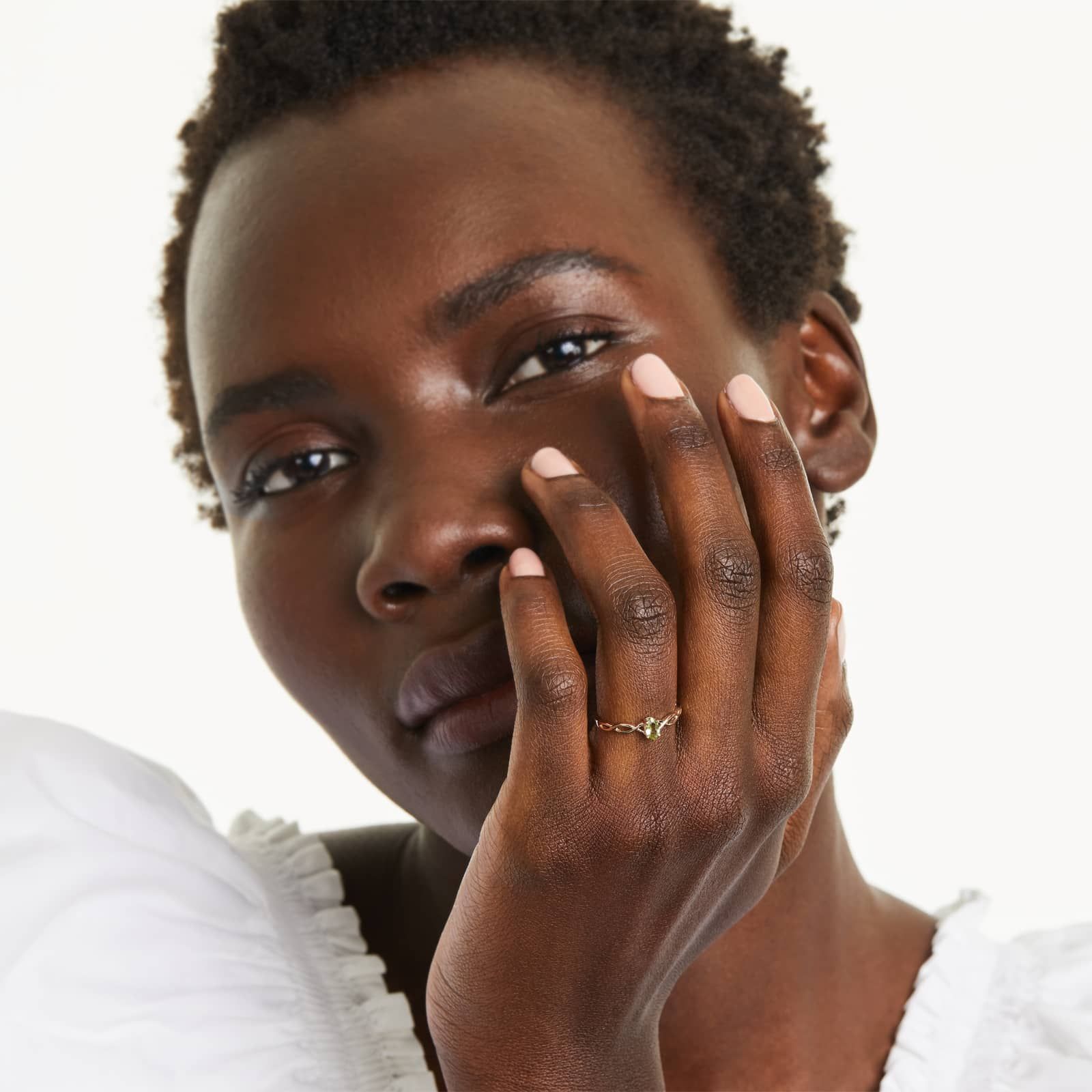 Infinity Peridot Birthstone Ring In 14K Yellow Gold