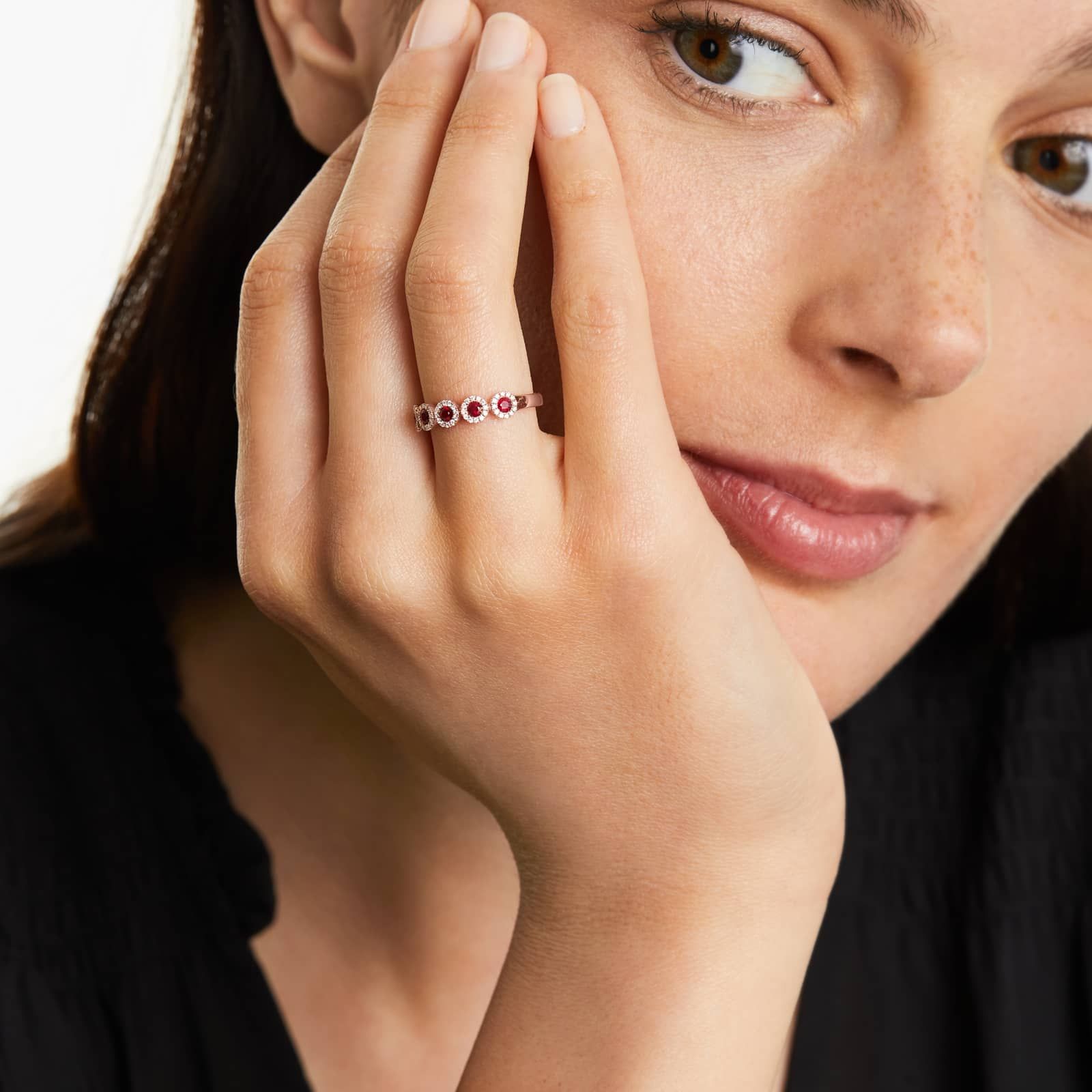 Five Stone Halo Ruby Ring In 14K Rose Gold