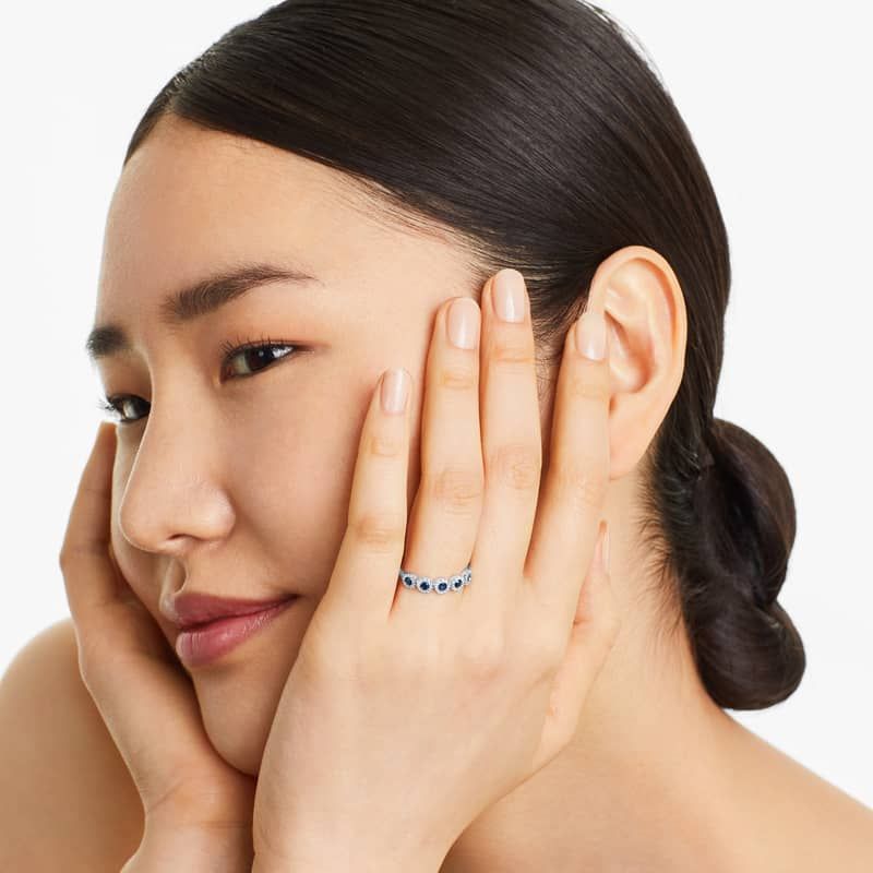 Five Stone Halo Sapphire Ring In 14K White Gold