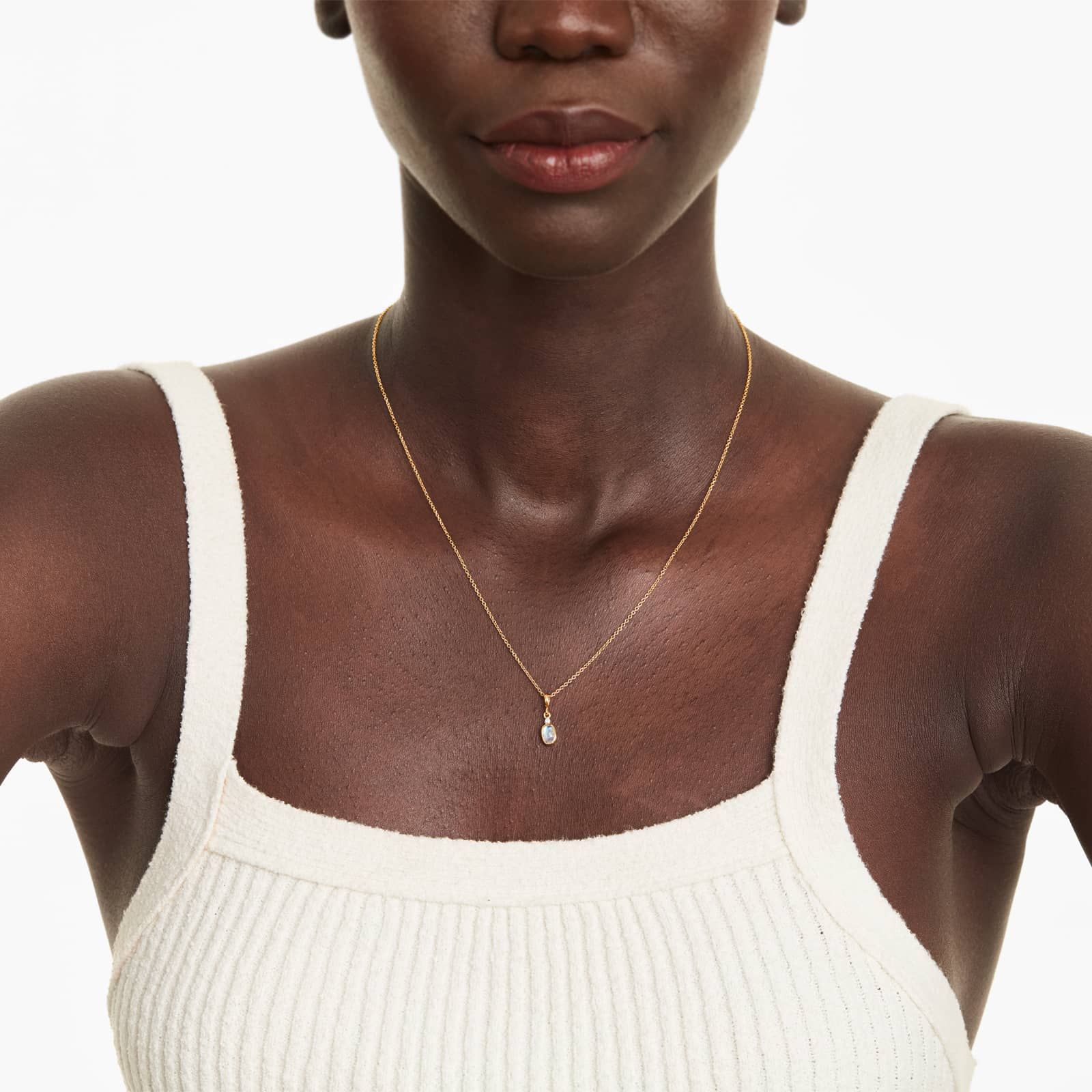 14K Yellow Rainbow Moonstone and Diamond Necklace