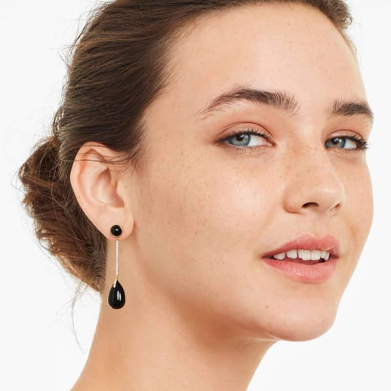 Diamond Bar And Black Onyx Drop Earrings In 18K Yellow Gold