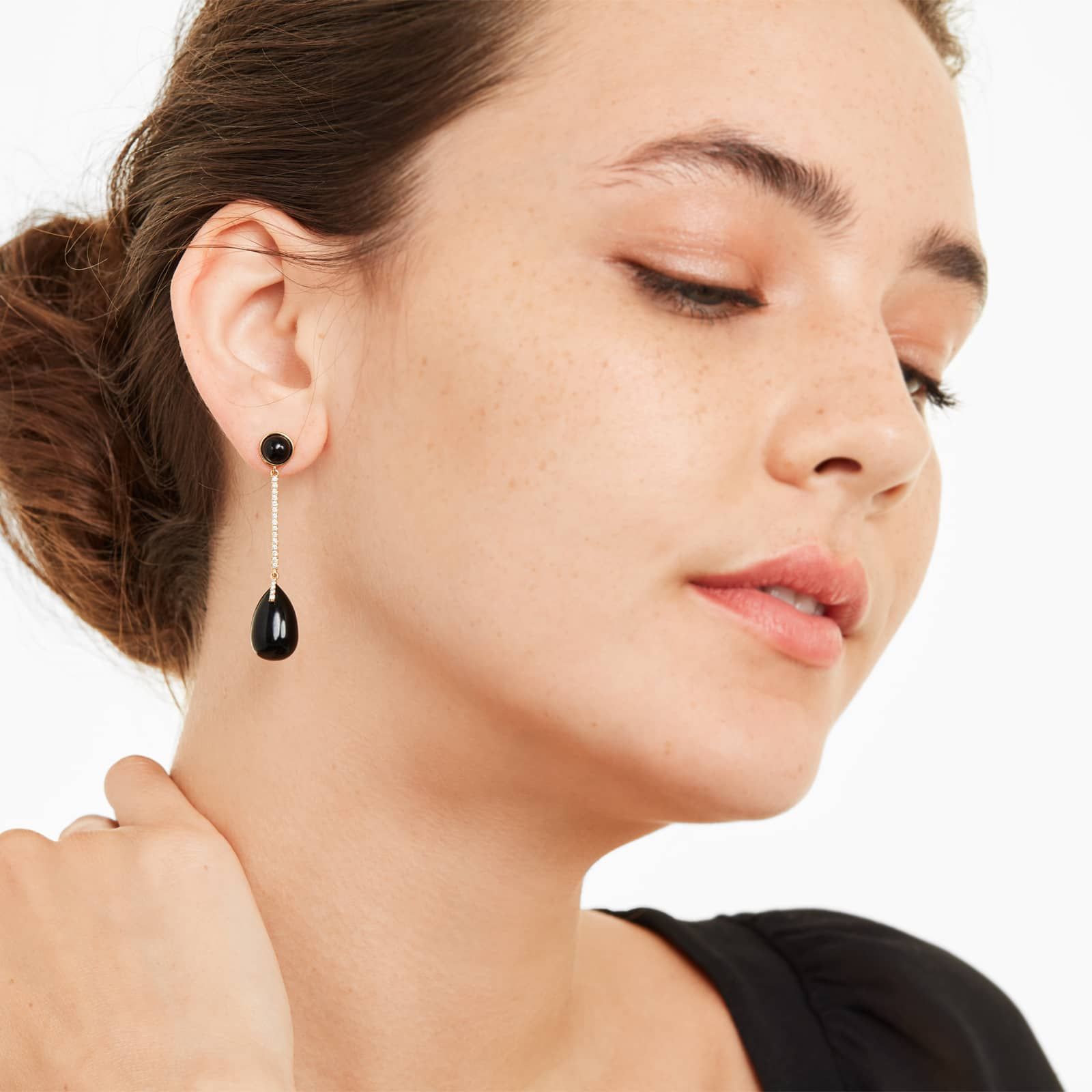 Diamond Bar And Black Onyx Drop Earrings In 18K Yellow Gold