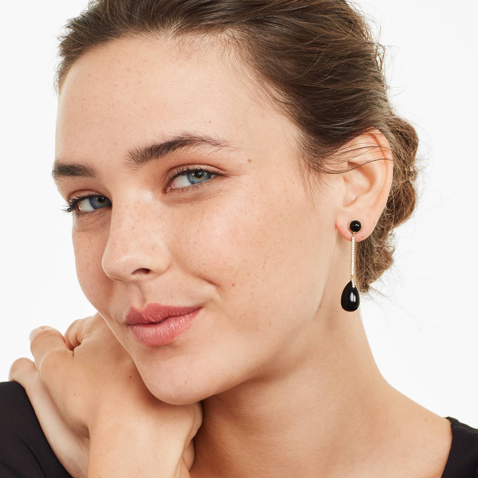 Diamond Bar And Black Onyx Drop Earrings In 18K Yellow Gold
