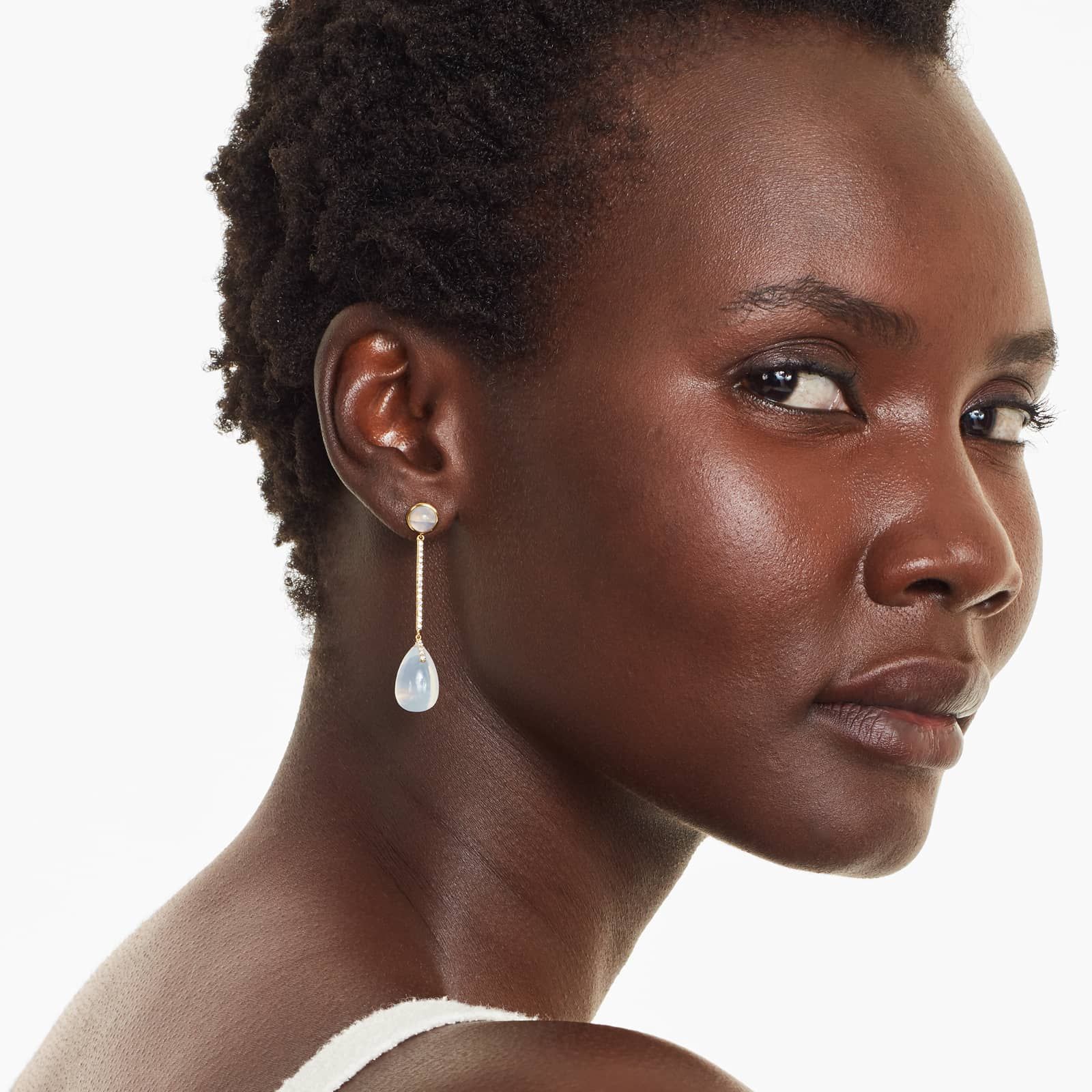 Diamond Bar And Moon Quartz Drop Earrings In 18K Yellow Gold