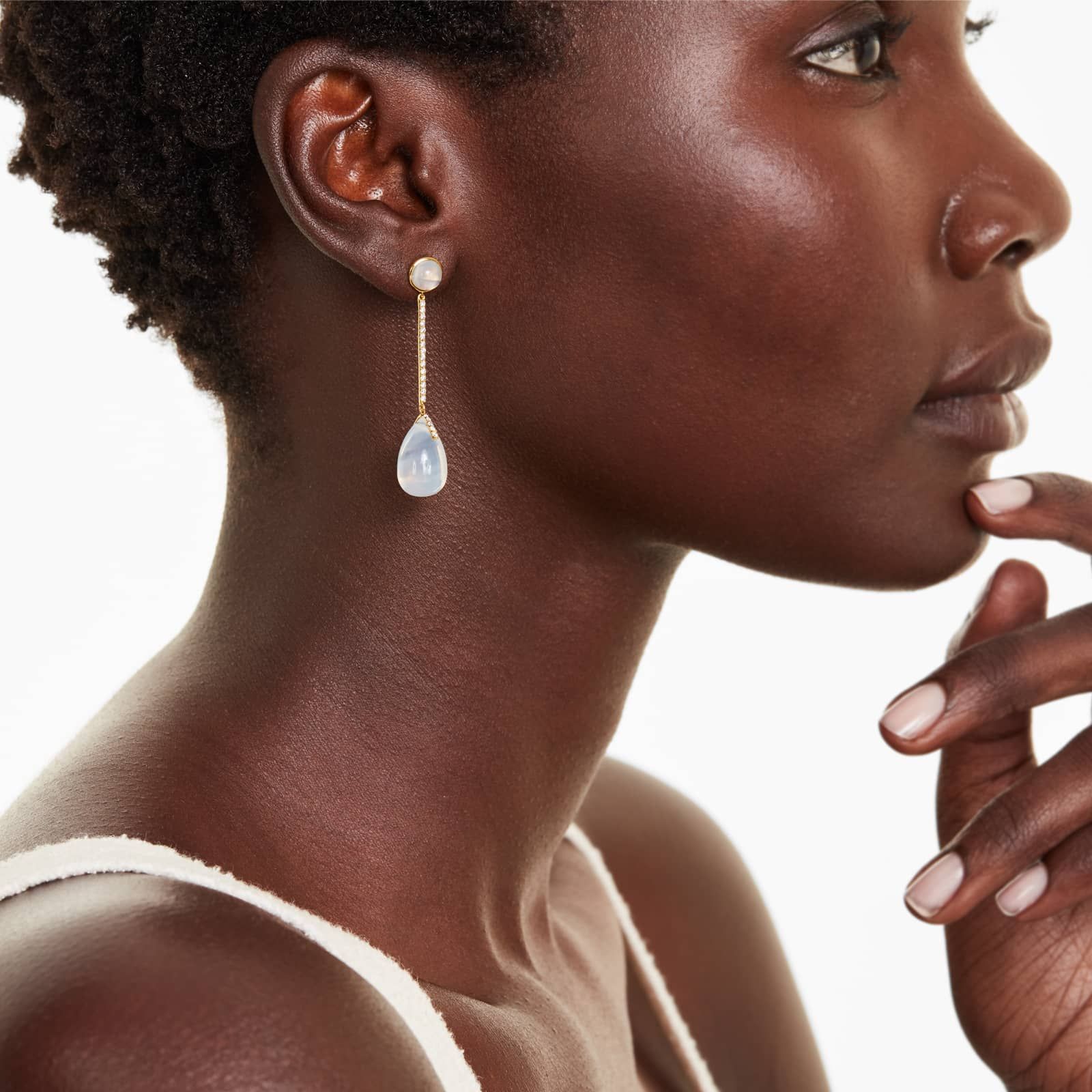 Diamond Bar And Moon Quartz Drop Earrings In 18K Yellow Gold