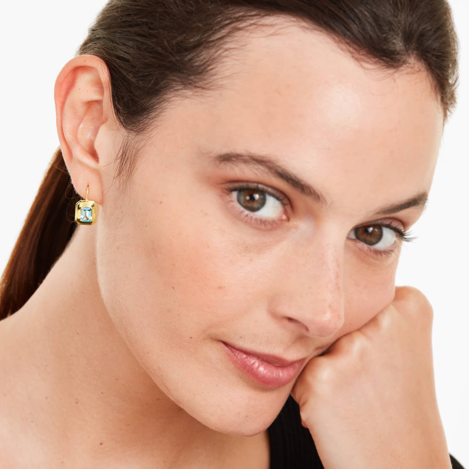 Sky Blue Topaz Frame Leverback Earrings In 18K Yellow Gold