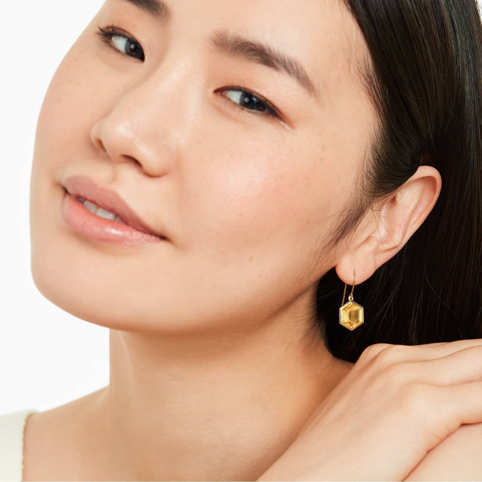 Bezel Hexagonal Citrine Hook Earrings In 18K Yellow Gold