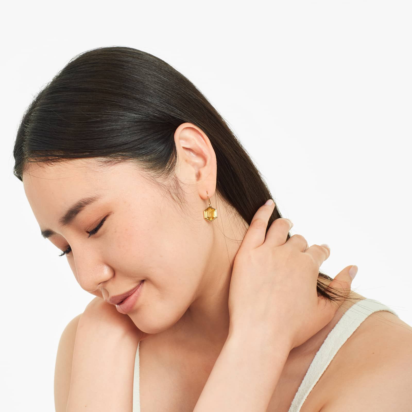 Bezel Hexagonal Citrine Hook Earrings In 18K Yellow Gold