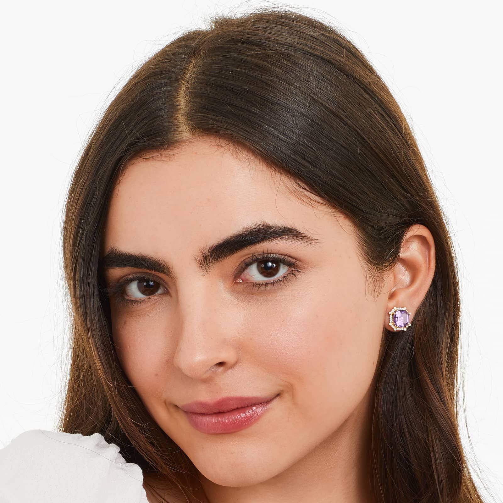 Octagon Amethyst And Diamond Frame Earrings In 18K Yellow Gold