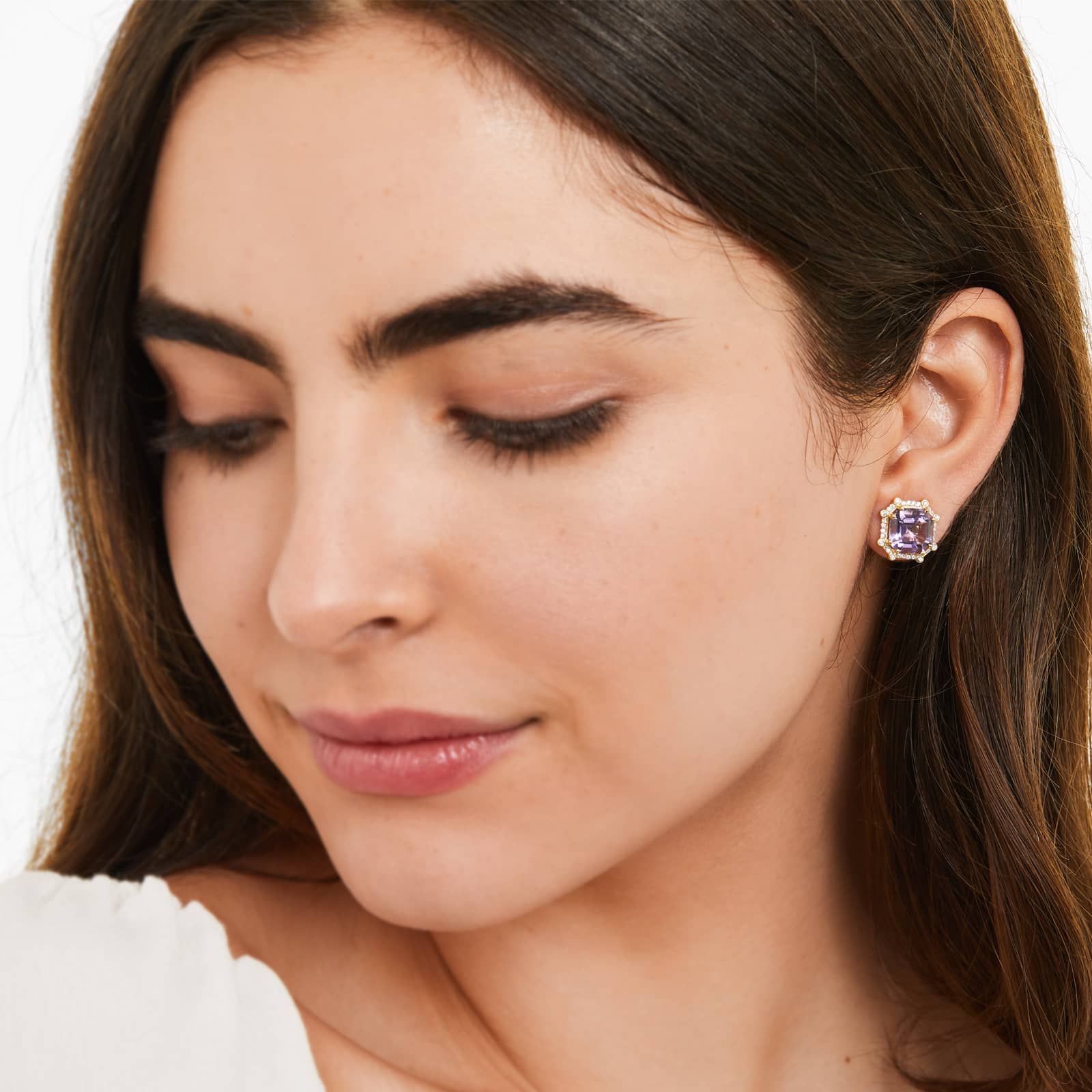 Octagon Amethyst And Diamond Frame Earrings In 18K Yellow Gold