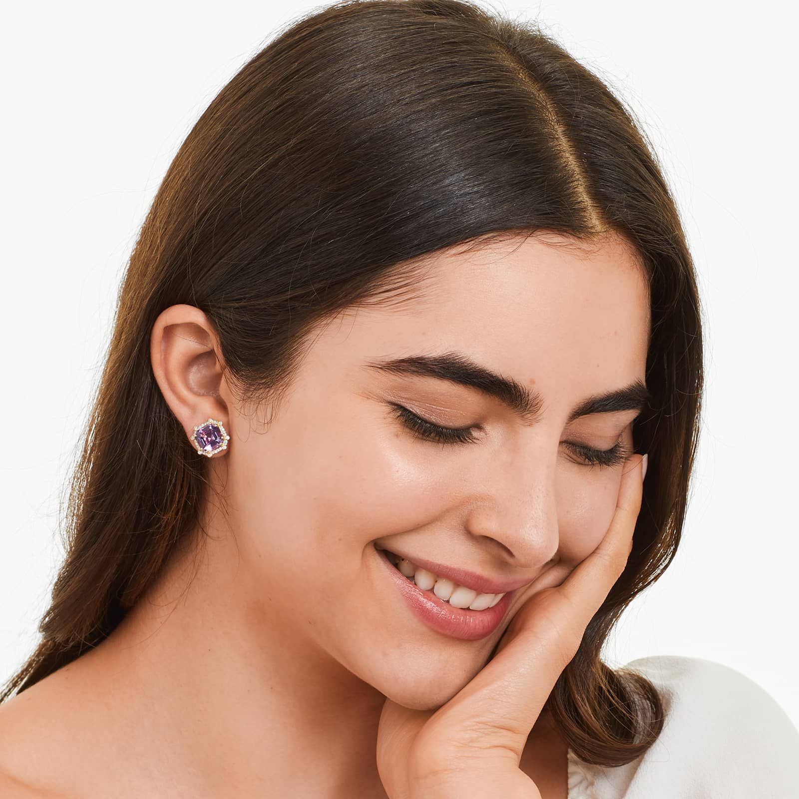 Octagon Amethyst And Diamond Frame Earrings In 18K Yellow Gold