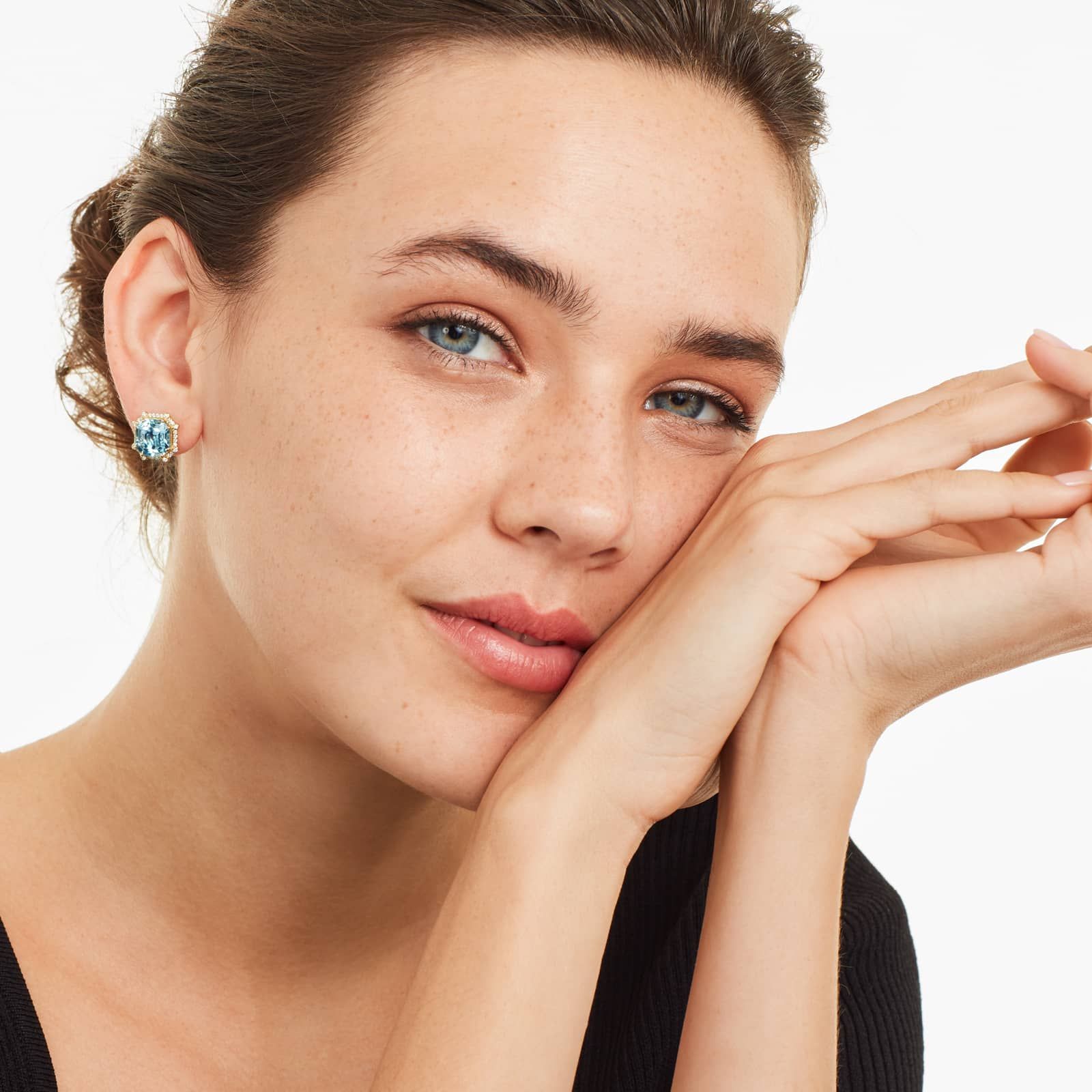 Octagon Sky Blue Topaz And Diamond Frame Earrings In 18K Yellow Gold