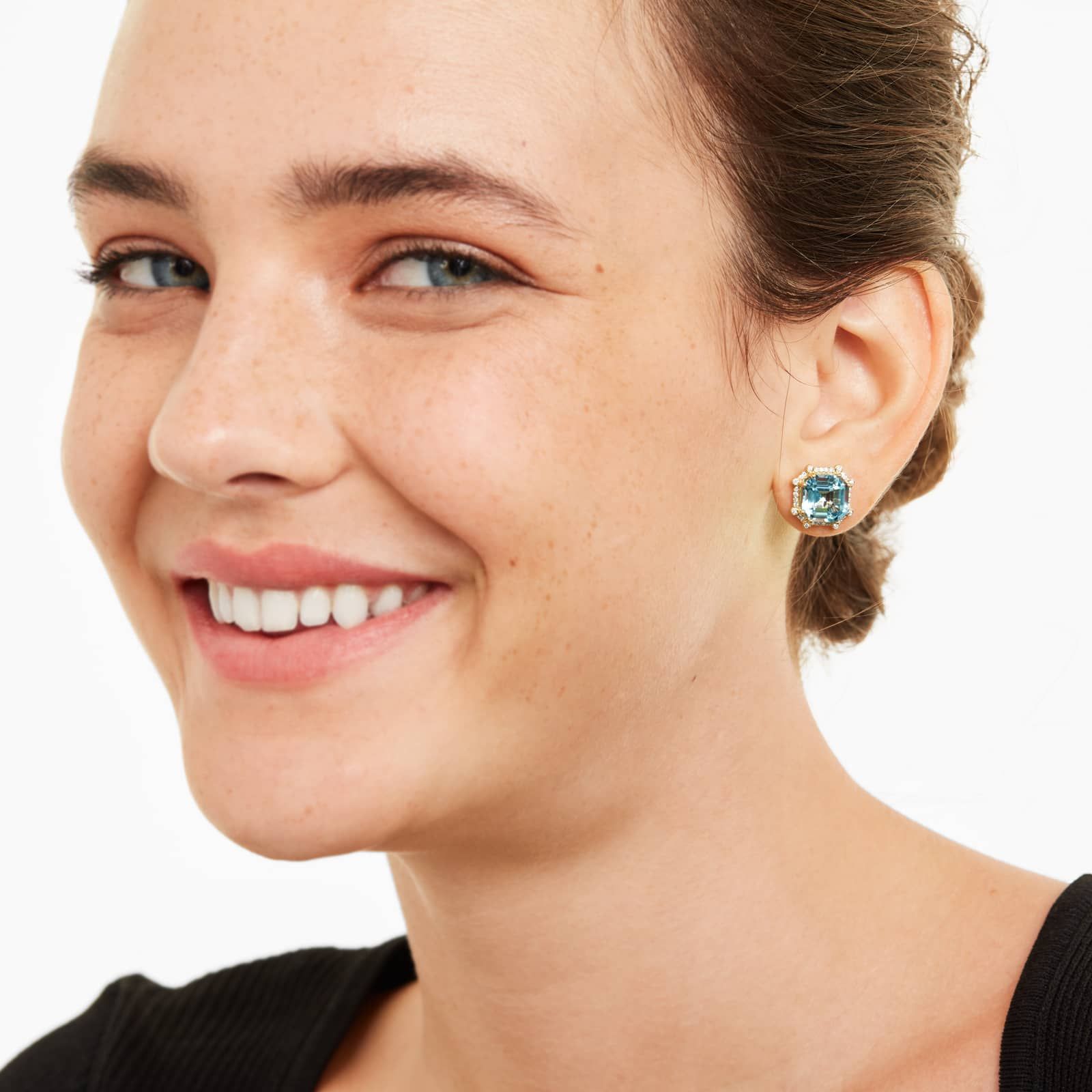 Octagon Sky Blue Topaz And Diamond Frame Earrings In 18K Yellow Gold