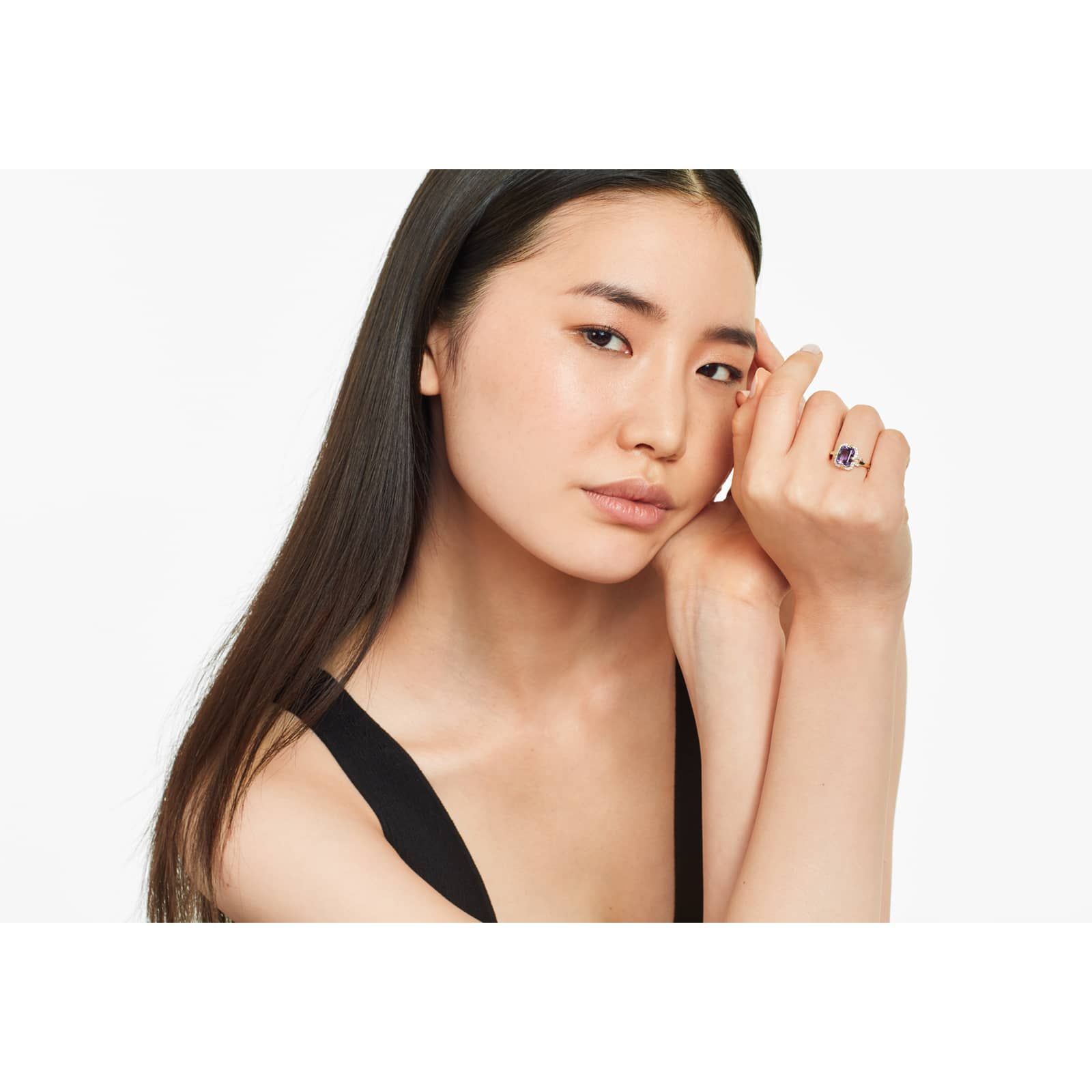 18K Yellow Gold Amethyst Diamond Halo Ring