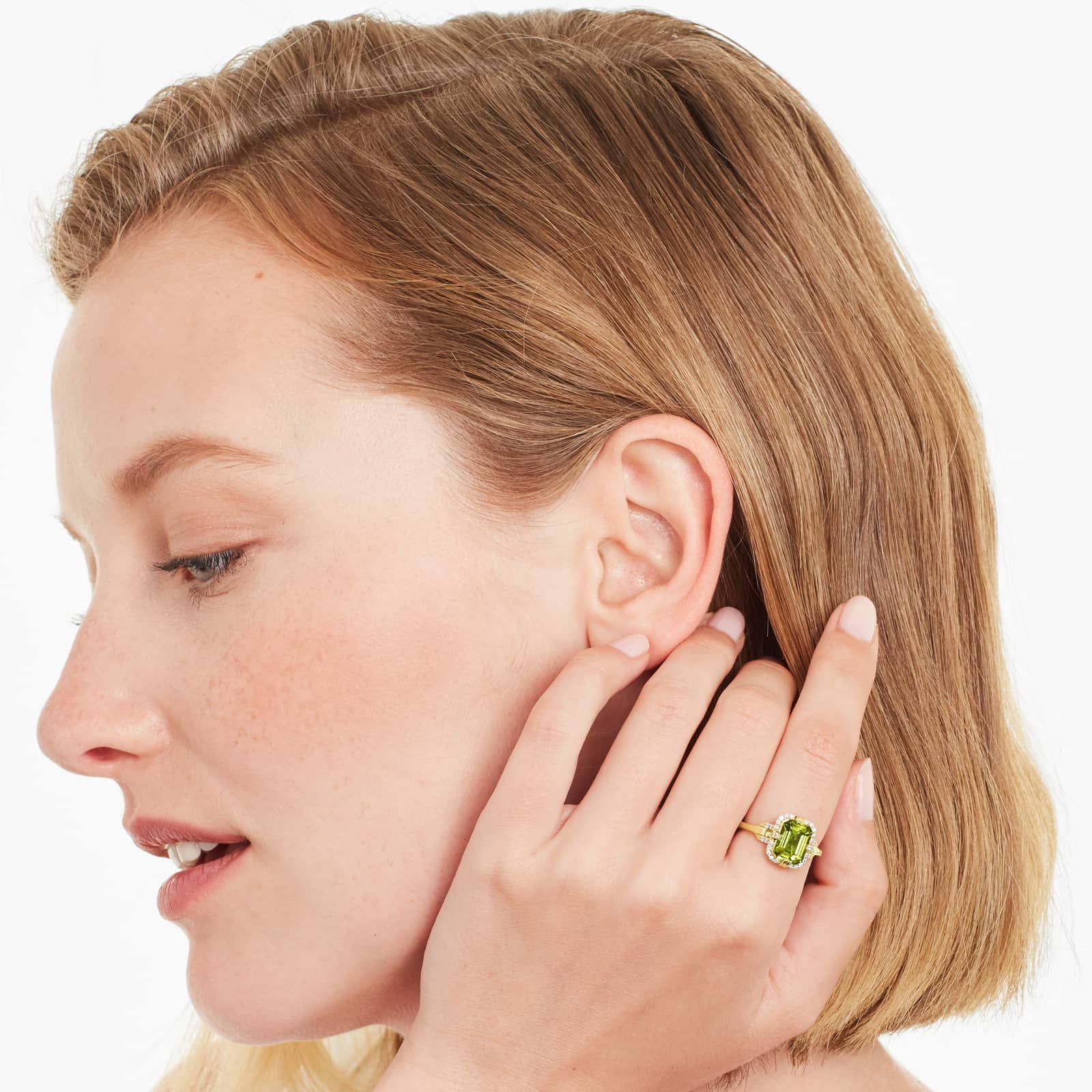 Peridot Diamond Halo Ring In 18K Yellow Gold