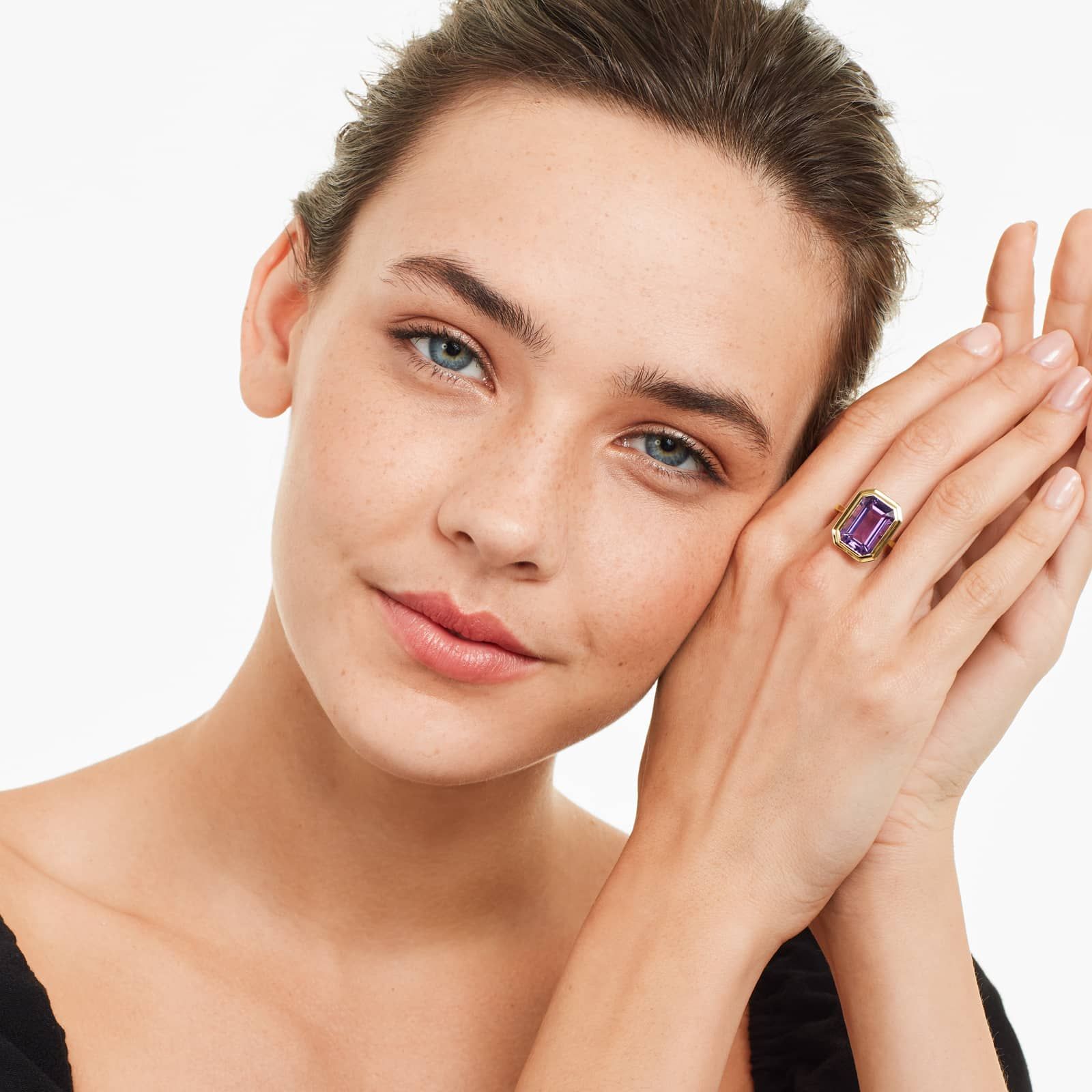 Emerald Cut Bezel Amethyst Cocktail Ring In 18K Yellow Gold