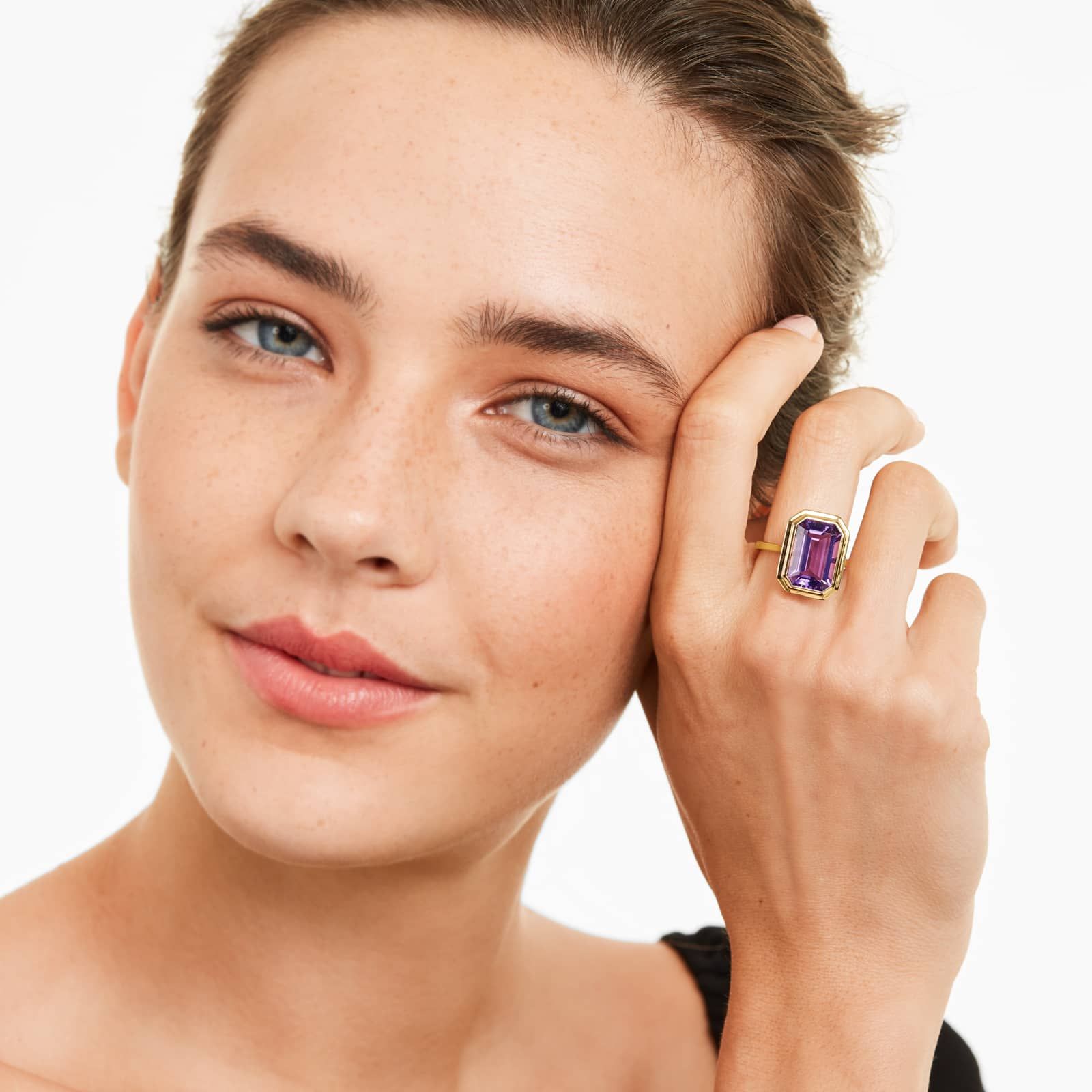 Emerald Cut Bezel Amethyst Cocktail Ring In 18K Yellow Gold