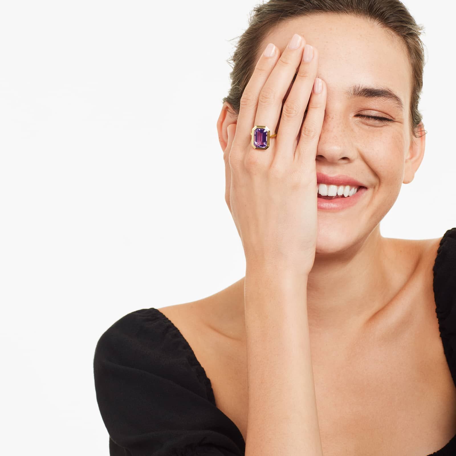 Emerald Cut Bezel Amethyst Cocktail Ring In 18K Yellow Gold