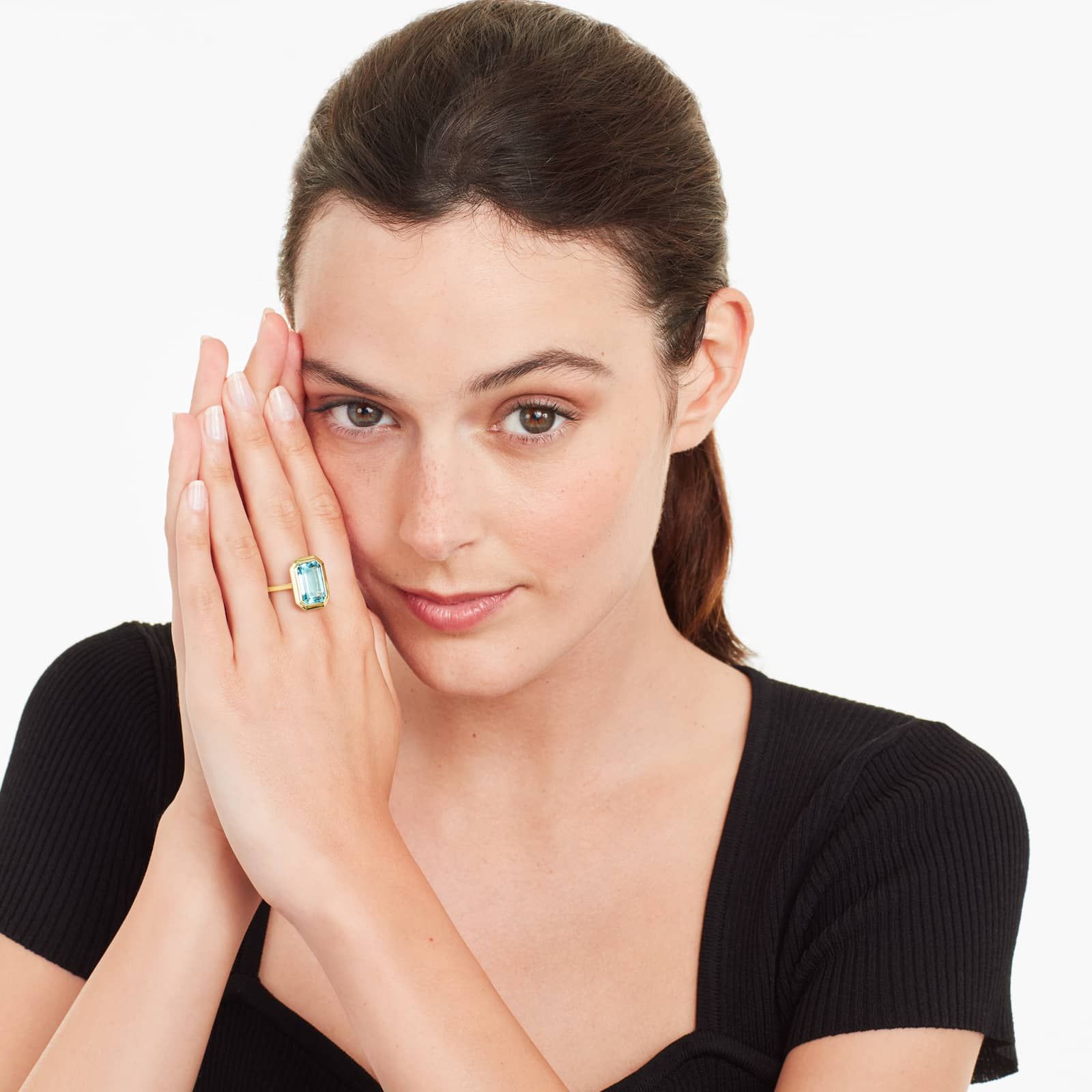 Emerald Cut Bezel Sky Blue Topaz Cocktail Ring In 18K Yellow Gold