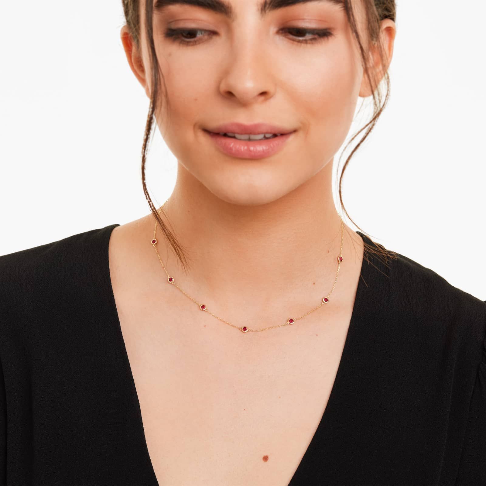 14K Yellow Gold Garnet Station Necklace