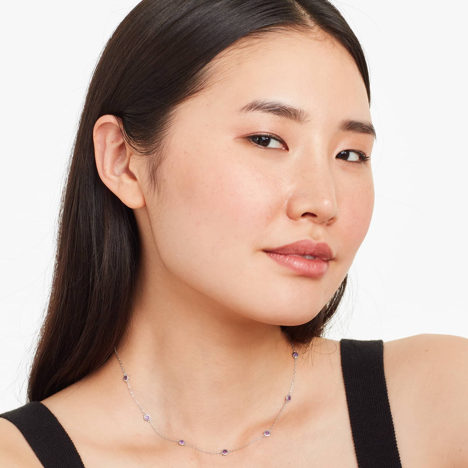 14K White Gold Amethyst Station Necklace