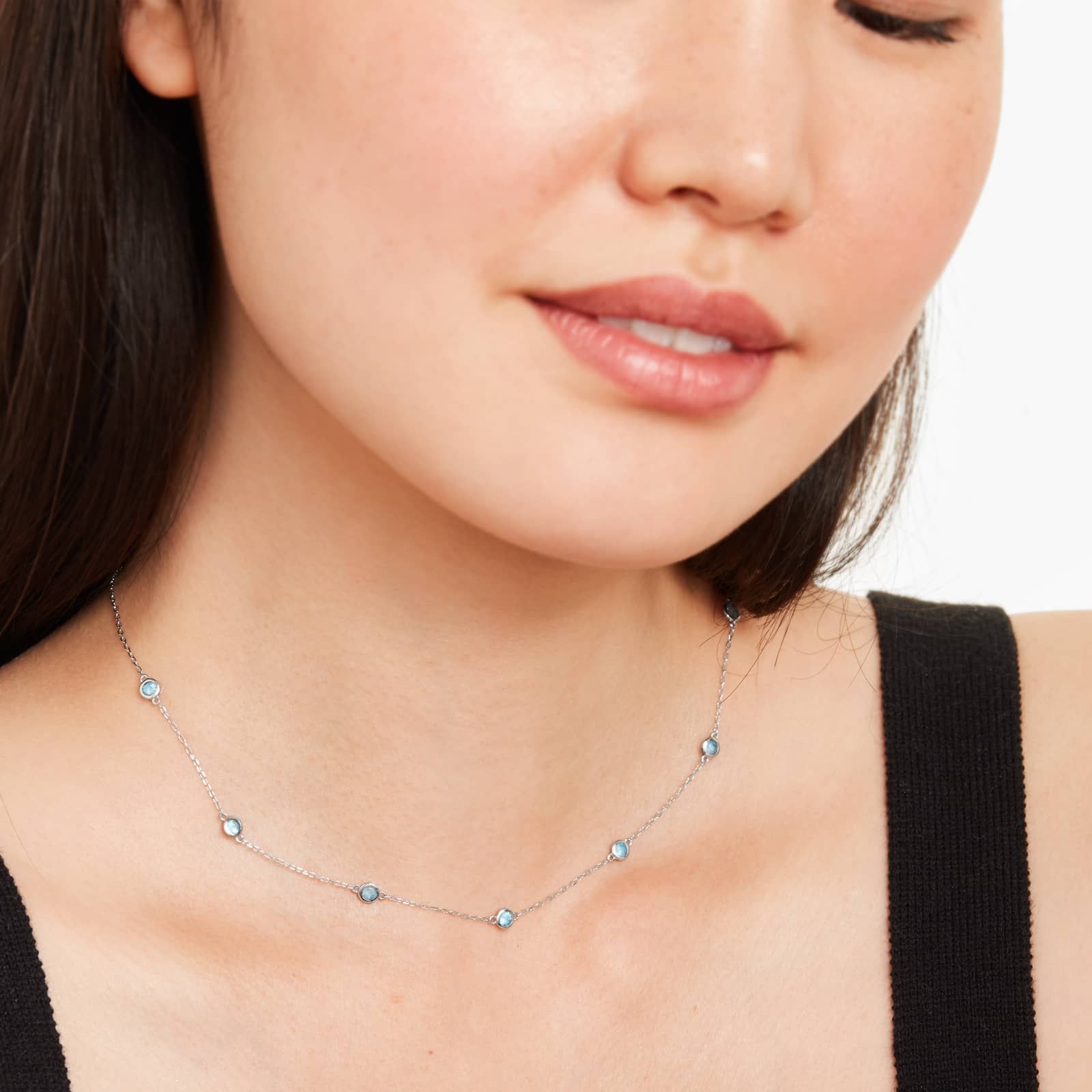 14K White Gold Blue Topaz Station Necklace