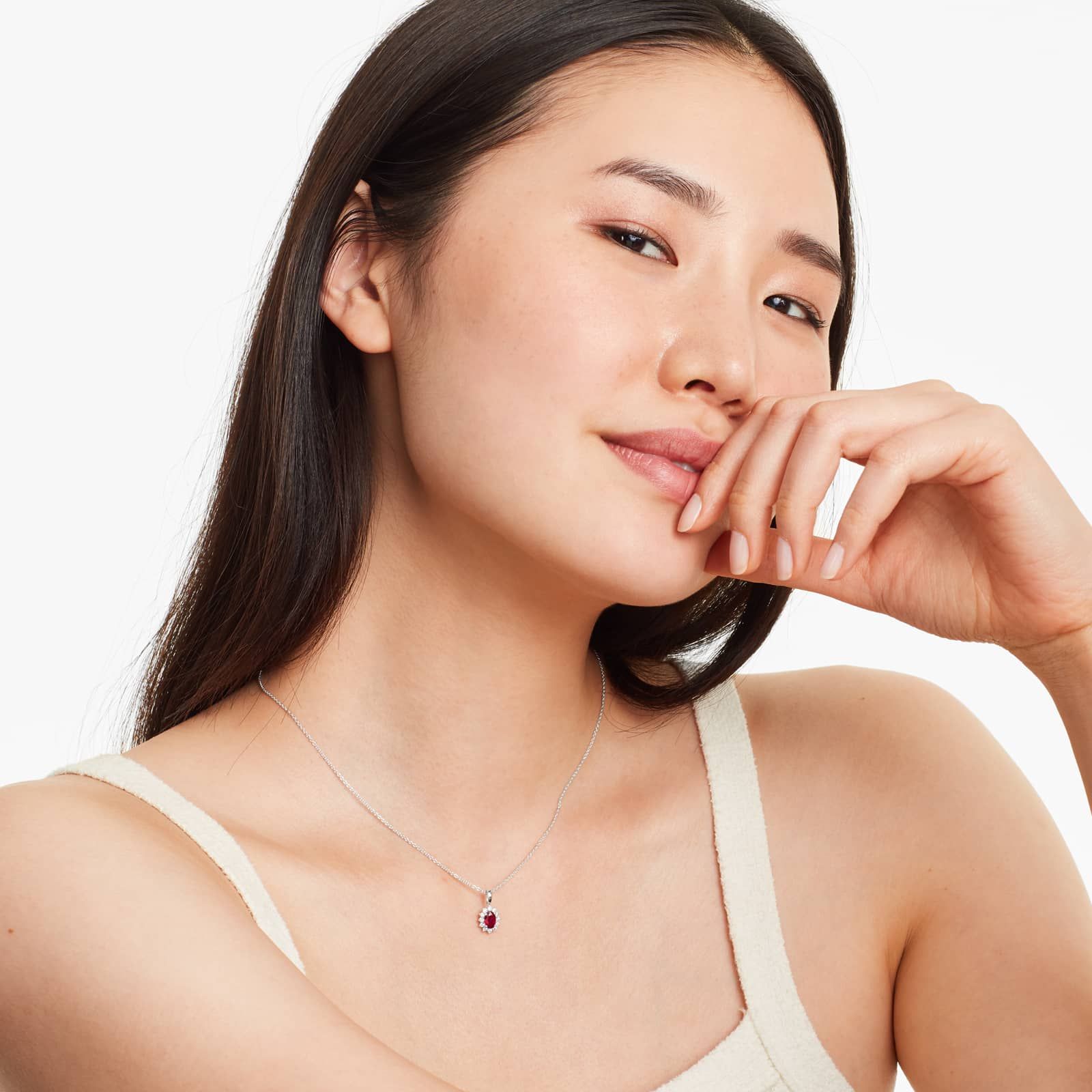 18K White Gold Oval Halo Ruby And Diamond Necklace