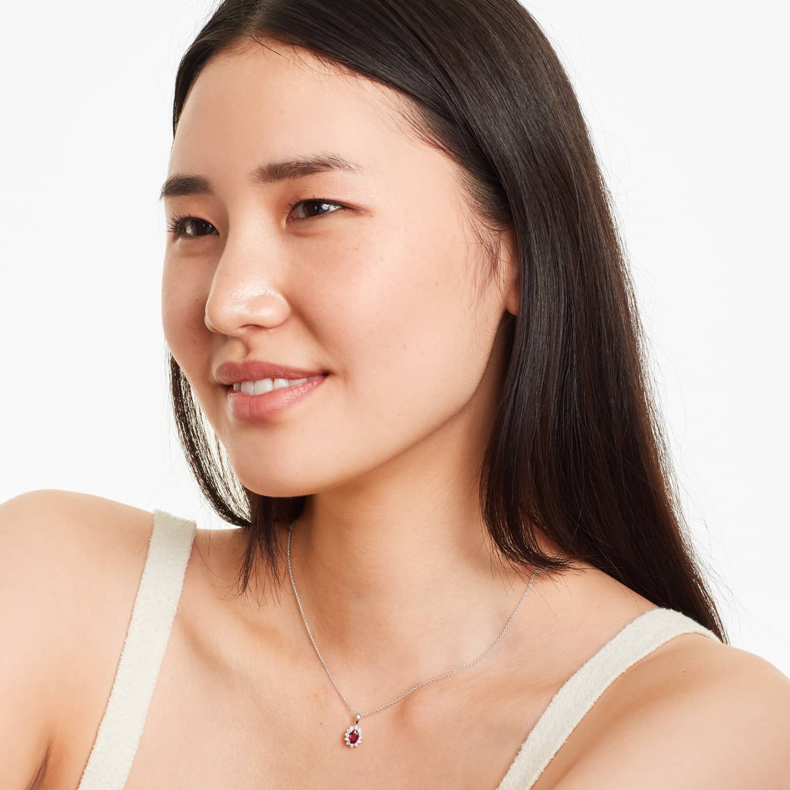 18K White Gold Oval Halo Ruby And Diamond Necklace