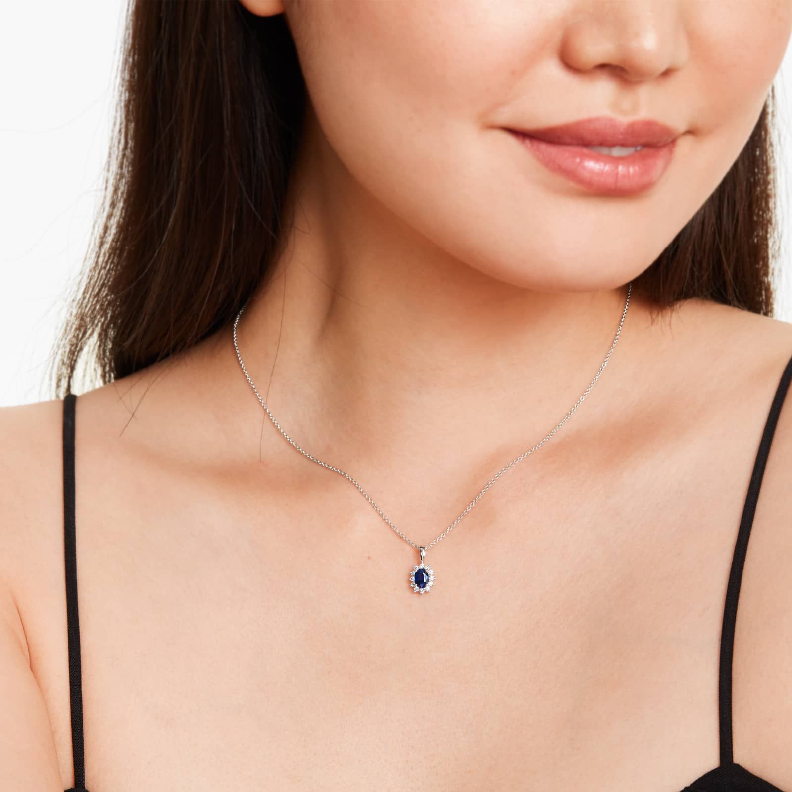 18K White Gold Oval Halo Sapphire And Diamond Necklace