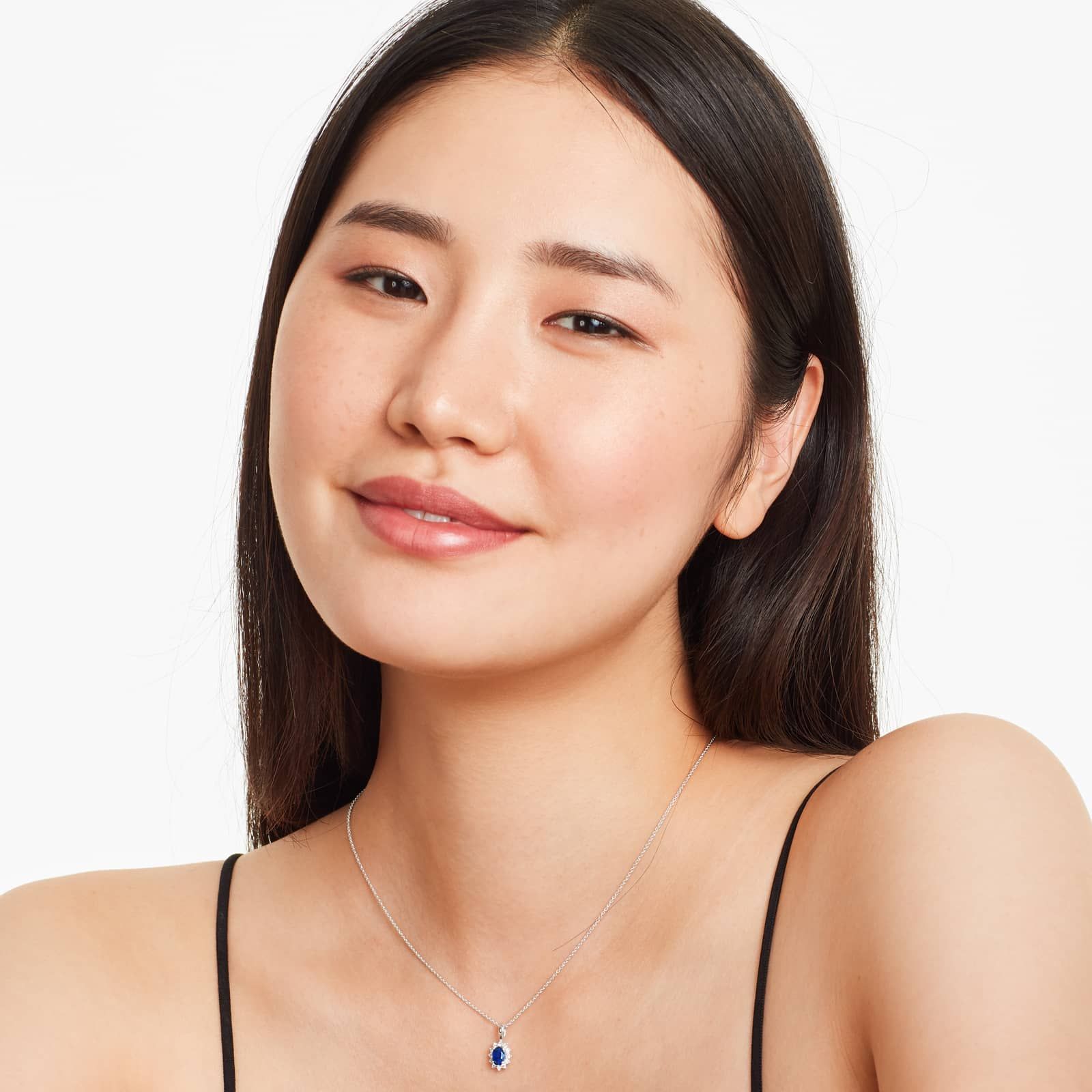 18K White Gold Oval Halo Sapphire And Diamond Necklace