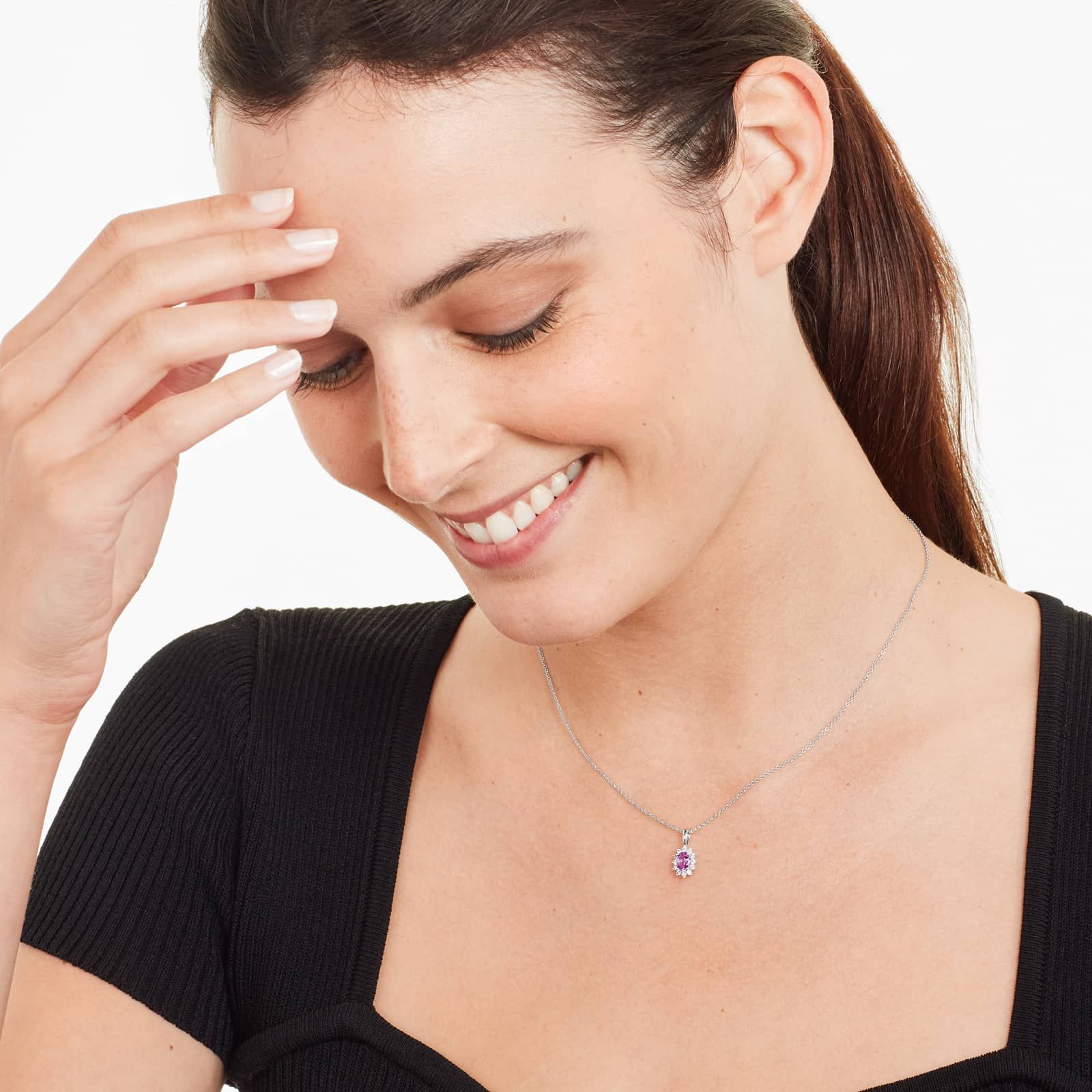 18K White Gold Oval Halo Pink Sapphire And Diamond Necklace