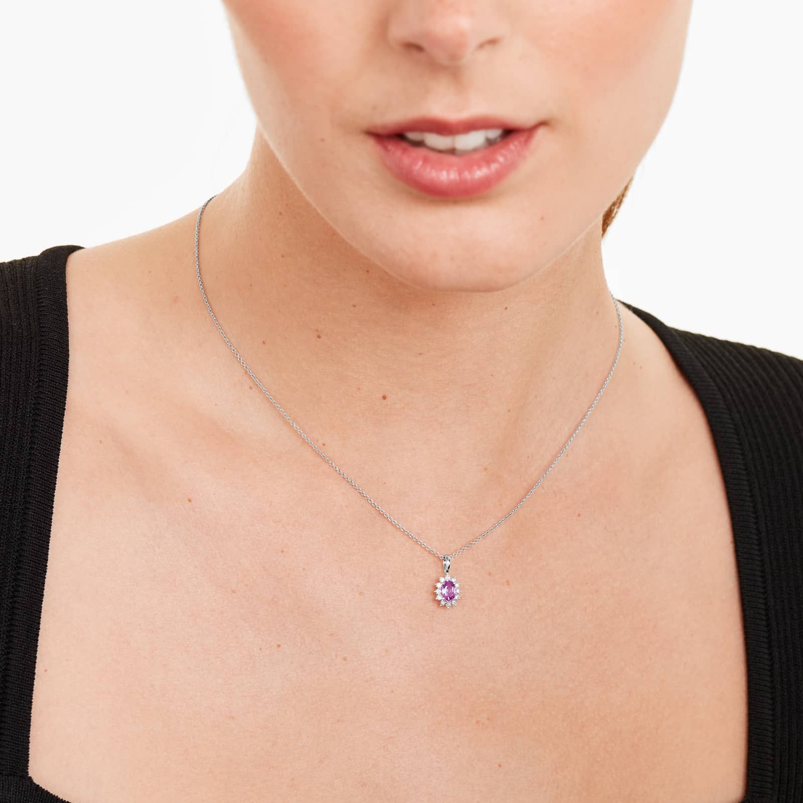 18K White Gold Oval Halo Pink Sapphire And Diamond Necklace