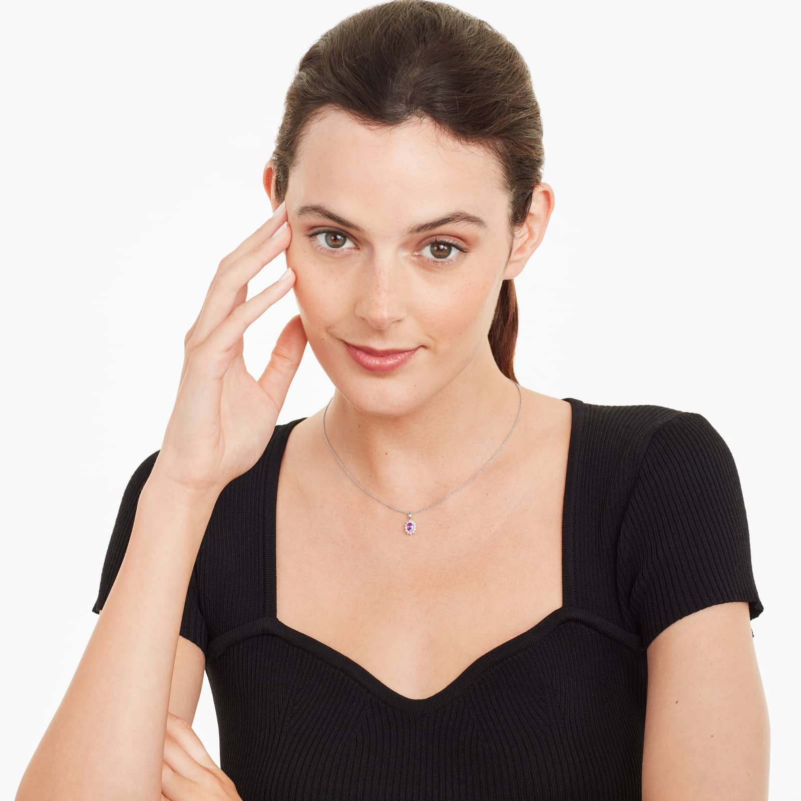 18K White Gold Oval Halo Pink Sapphire And Diamond Necklace