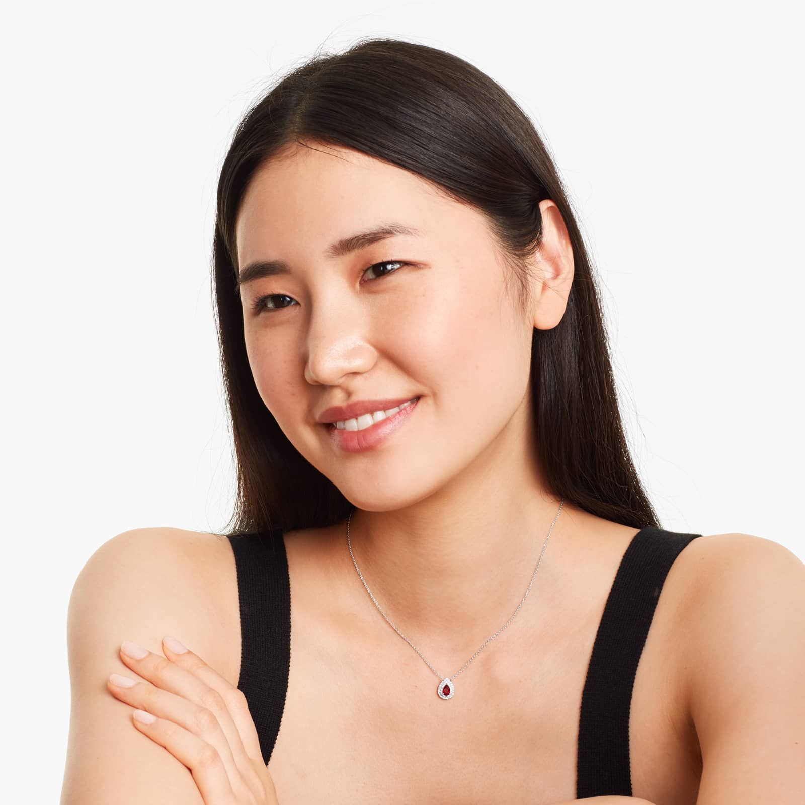 18K White Gold Pear Shape Ruby Double Diamond Halo Necklace