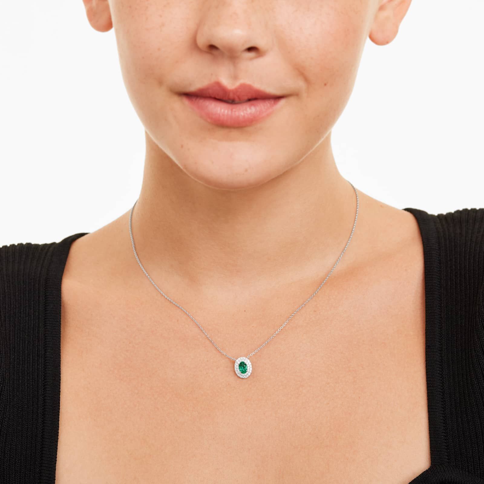 18K White Gold Oval Emerald Double Diamond Halo Necklace