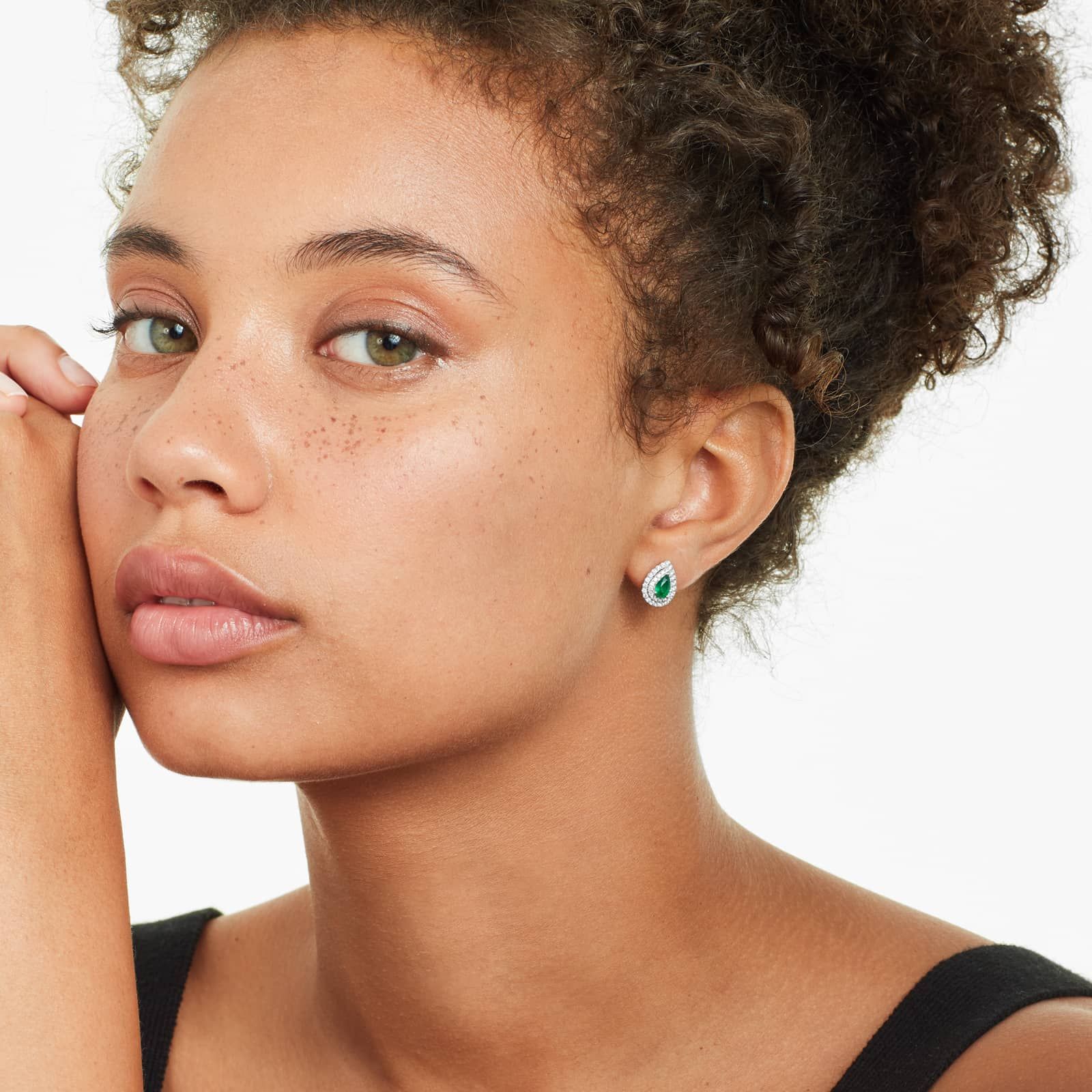 Pear Shape Emerald And Diamond Double Halo Earrings In 18K White Gold