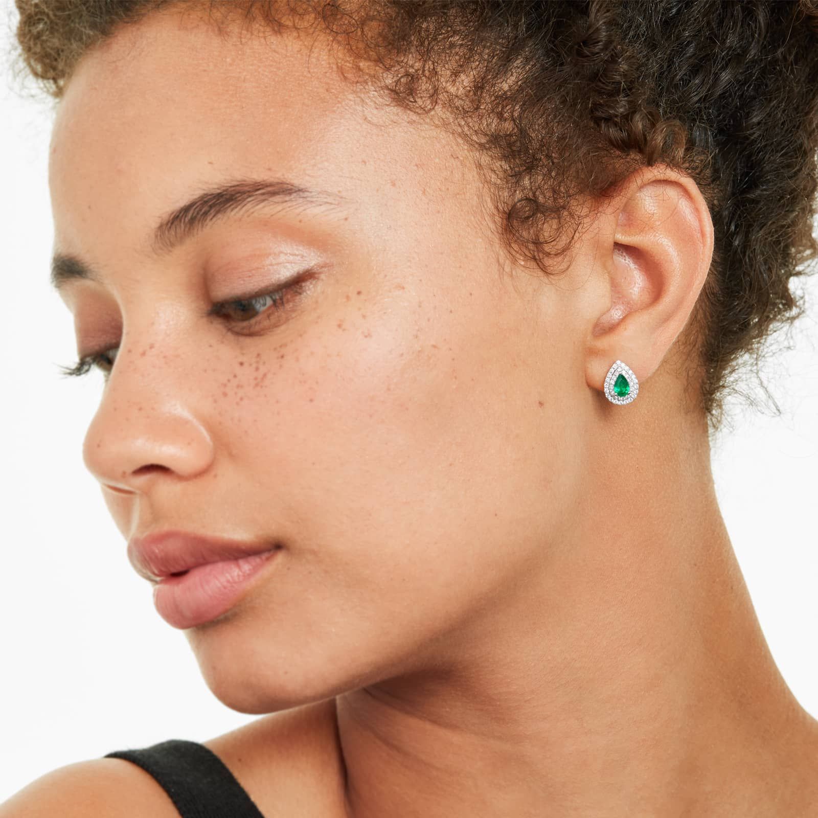 Pear Shape Emerald And Diamond Double Halo Earrings In 18K White Gold