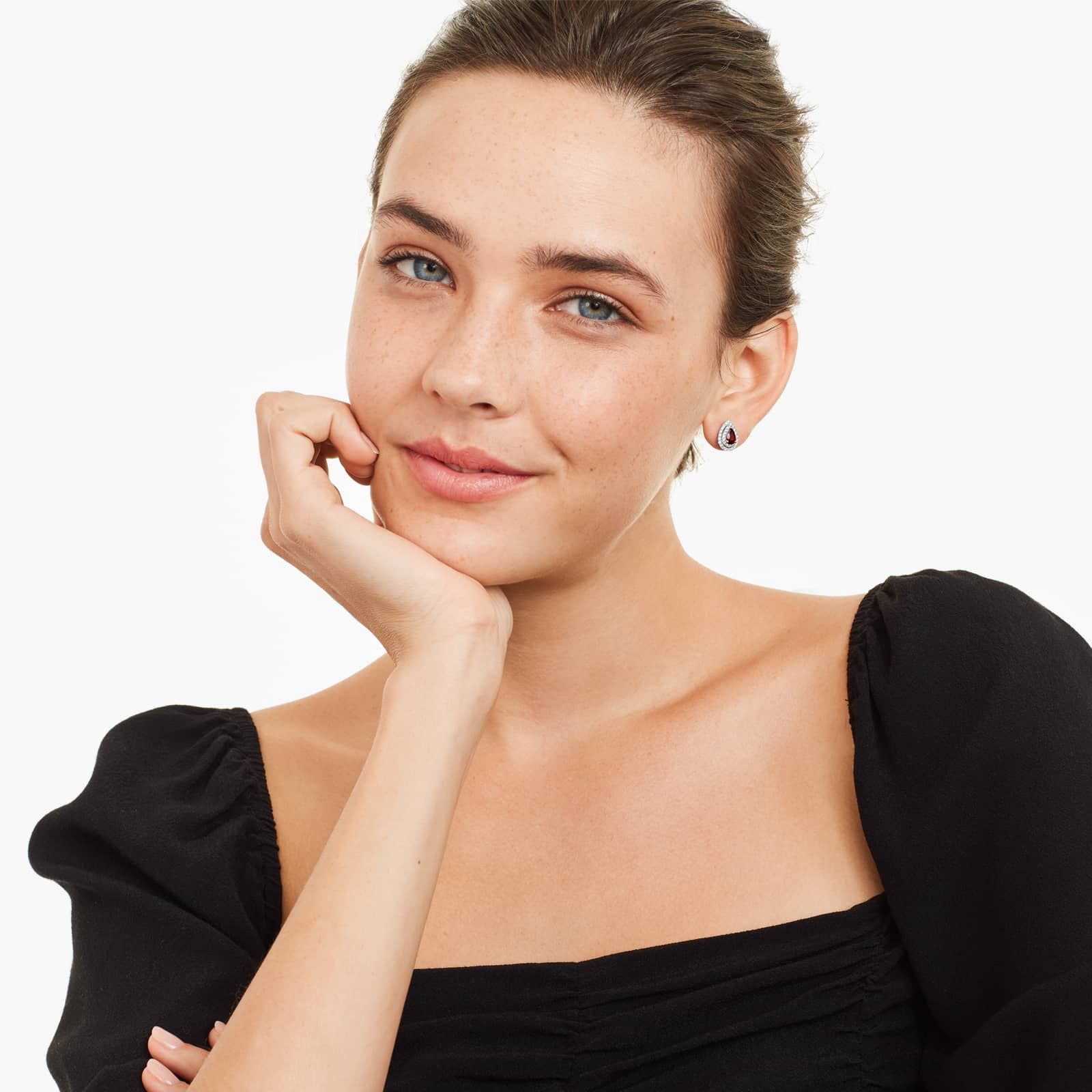 Pear Shape Ruby And Diamond Double Halo Earrings In 18K White Gold