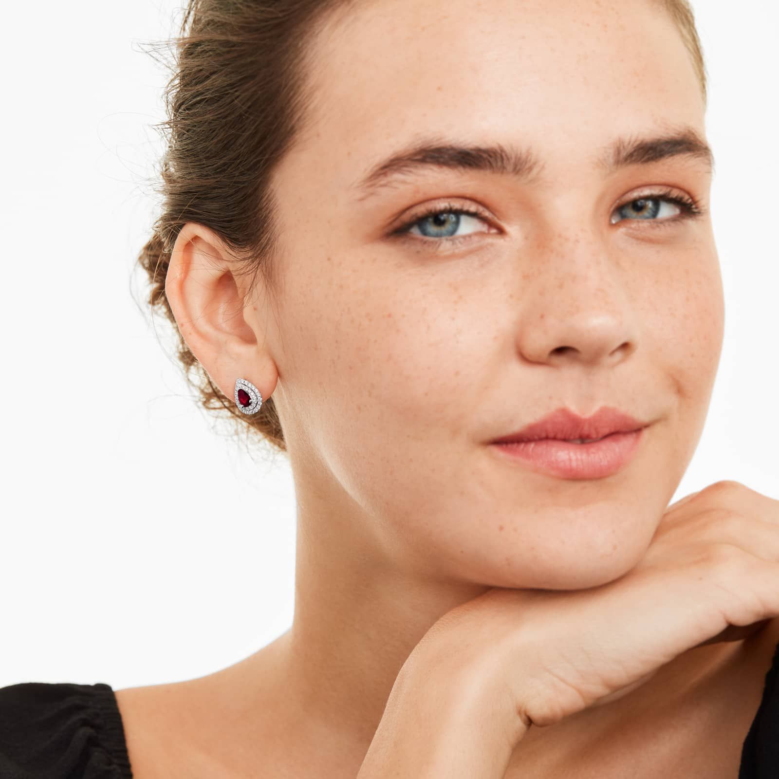 Pear Shape Ruby And Diamond Double Halo Earrings In 18K White Gold