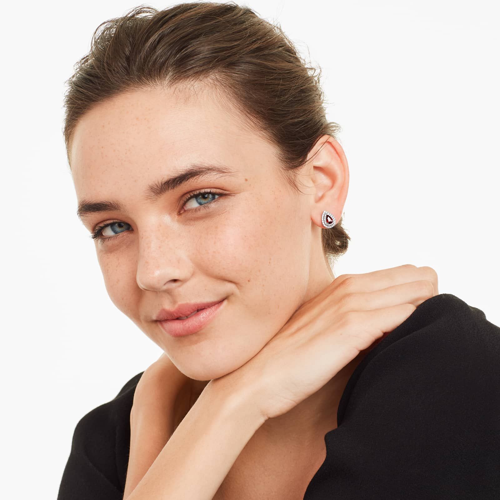 Pear Shape Ruby And Diamond Double Halo Earrings In 18K White Gold